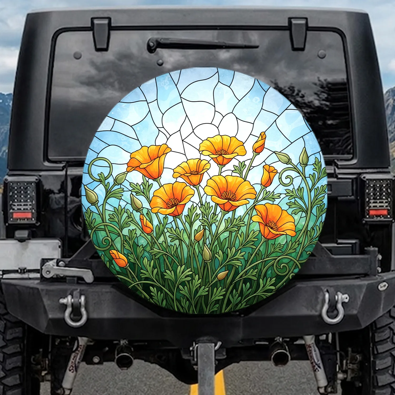 California Poppies Green Foliage Buds Sunny Sky - Garden Lover Gift Spare Tire Cover - 1
