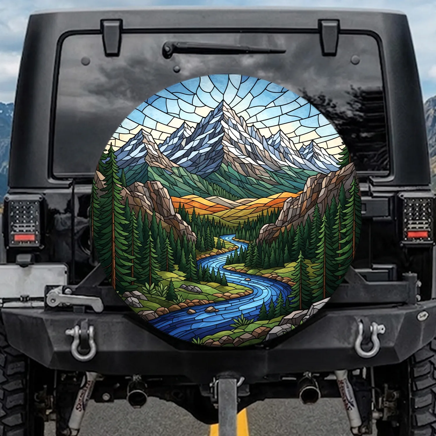 Snow-capped Mountain Peaks River Forest Rolling Hills Landscape - Outdoor Adventure Gift Spare Tire Cover - 1