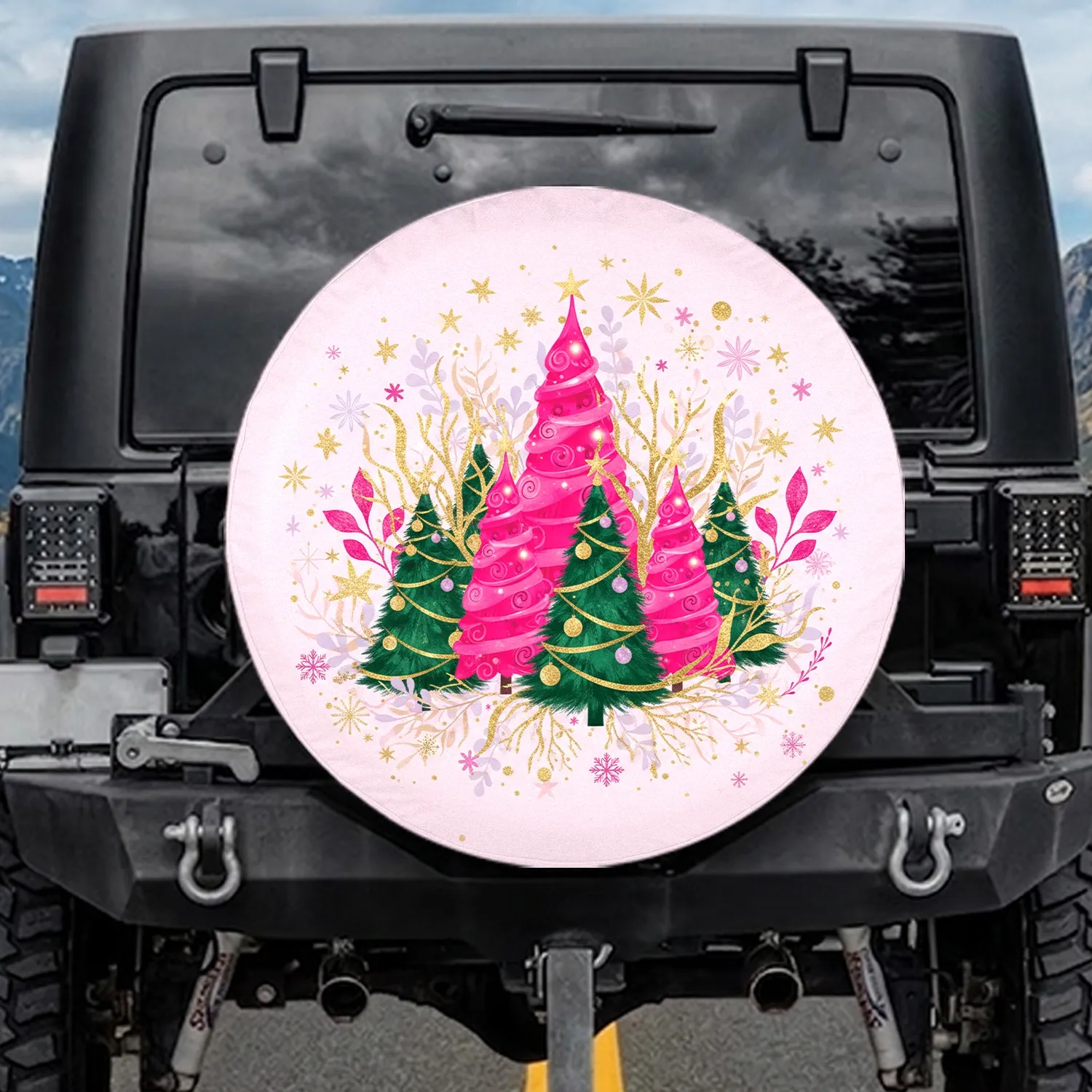 Hot Pink Christmas Trees Golden Stars Snowflakes - Christmas Holiday Gift Spare Tire Cover - 1