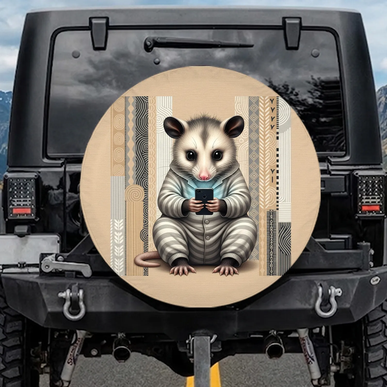 Realistic Possum Striped Pajamas Smartphone - Wildlife Lover Home Decor Gift Spare Tire Cover - 1