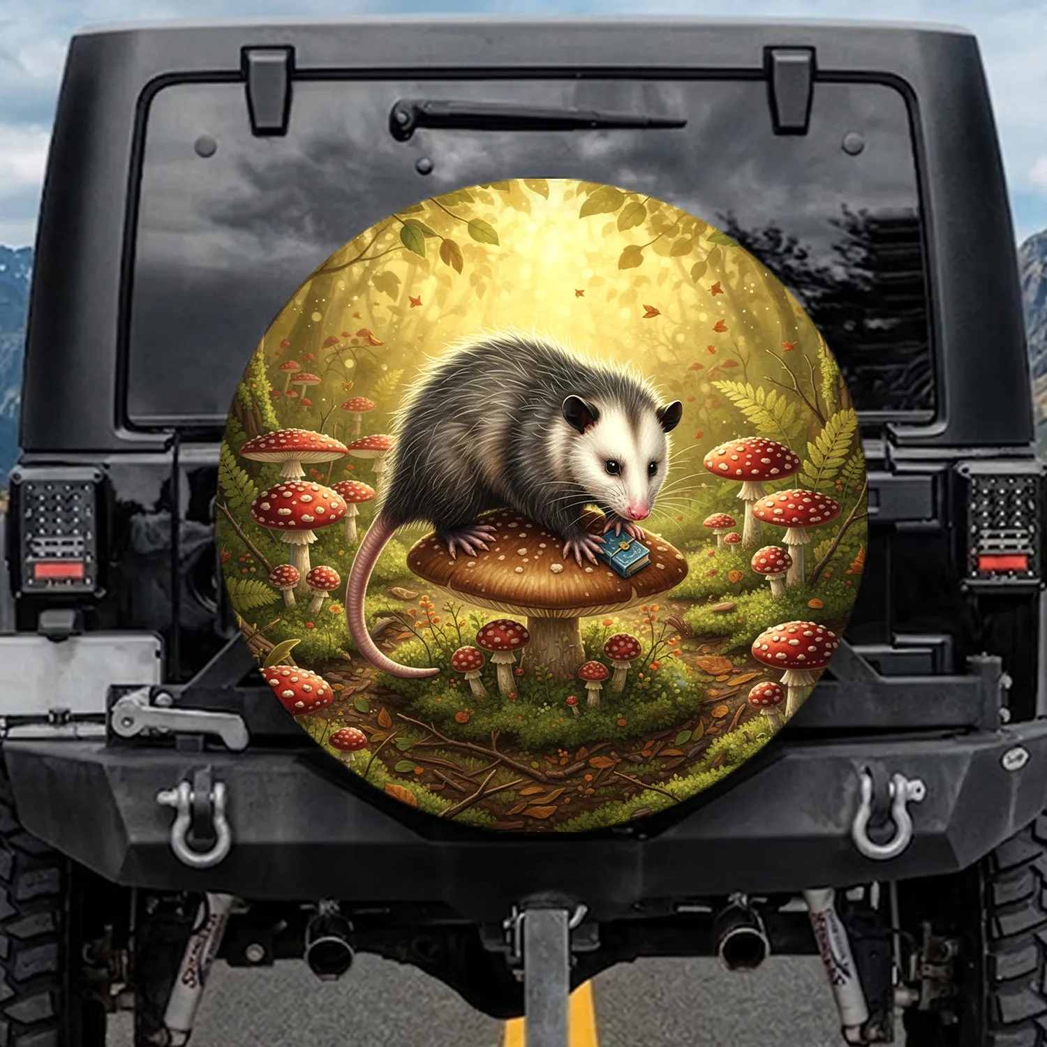Virginia Opossum Toadstools Forest - Wildlife Lover Gift for Opossum Lovers Spare Tire Cover - 1