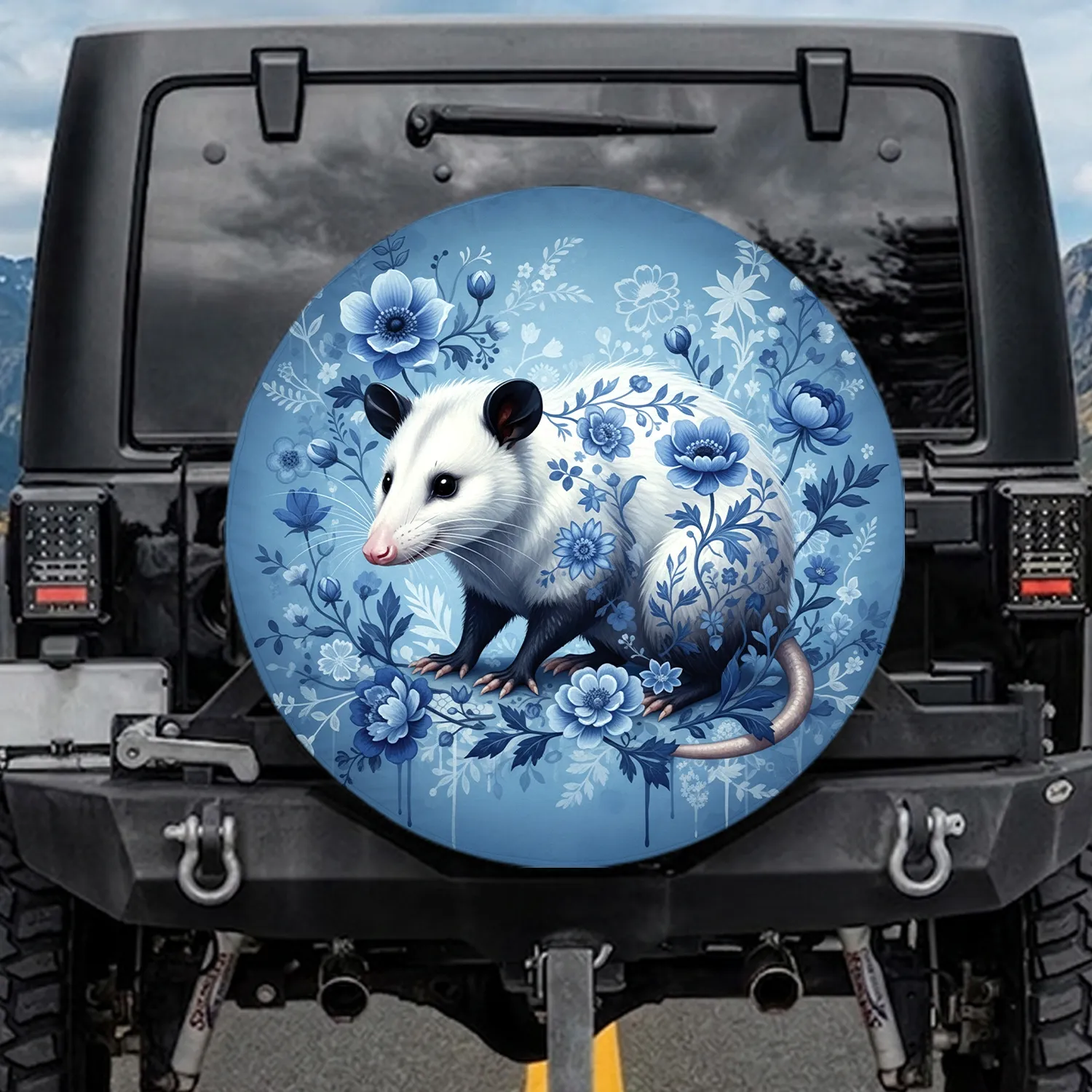 White Opossum Blue Floral Ceramic - Wildlife Lover Gift Spare Tire Cover - 1