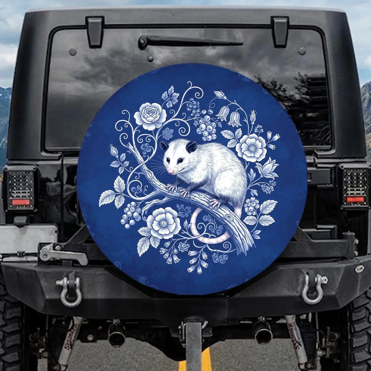 Realistic Opossum Toile Botanical Indigo Blue Flowers Berries - Wildlife Lover Gift Spare Tire Cover - 1