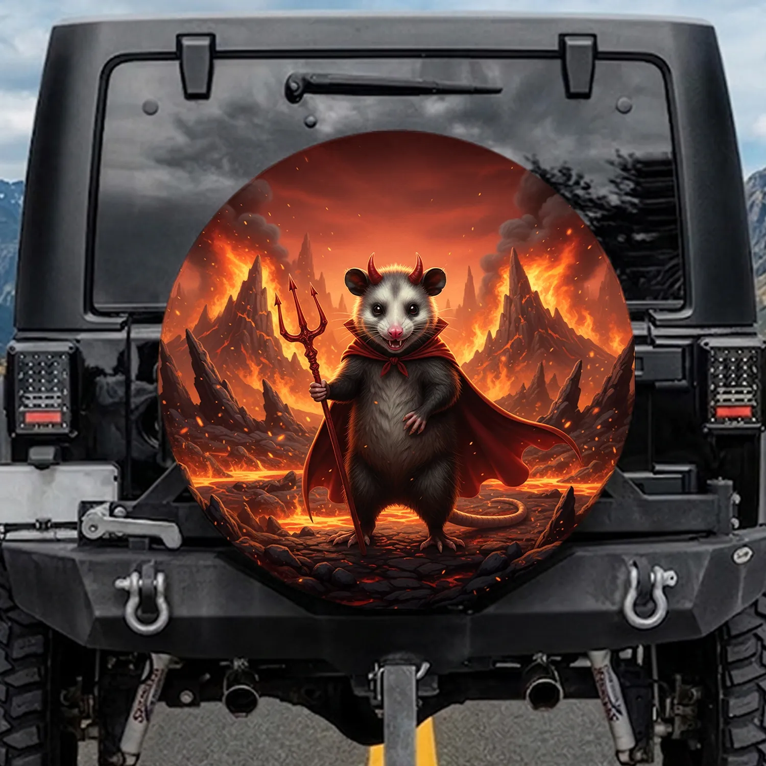 Devil Possum Fiery Hellscape - Dark Fantasy Gift for Adventure Seekers Spare Tire Cover - 1