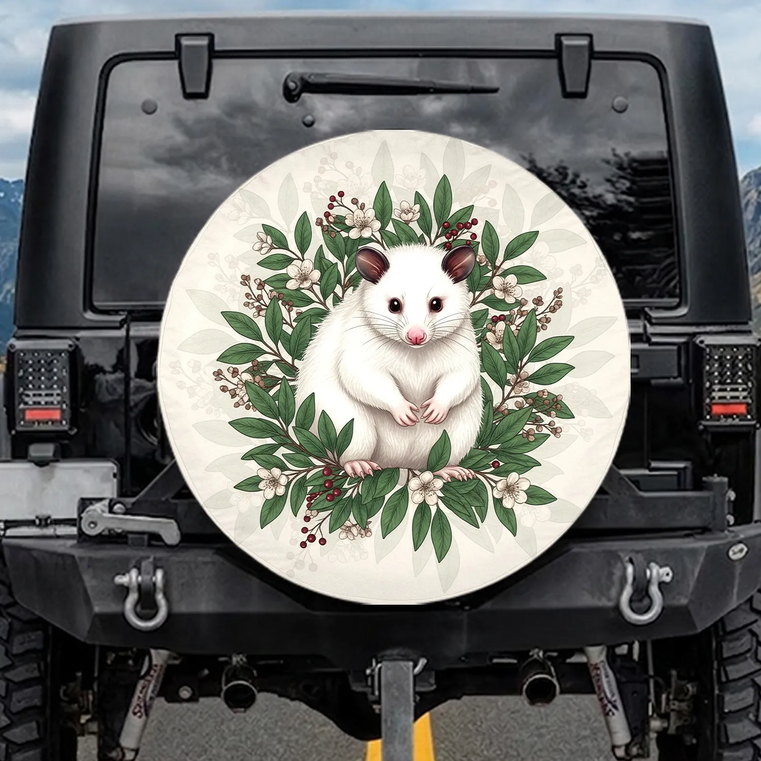 White Possum Flowering Branches Cream Blossoms Teal Leaves - Nature Lover Gift Spare Tire Cover - 1