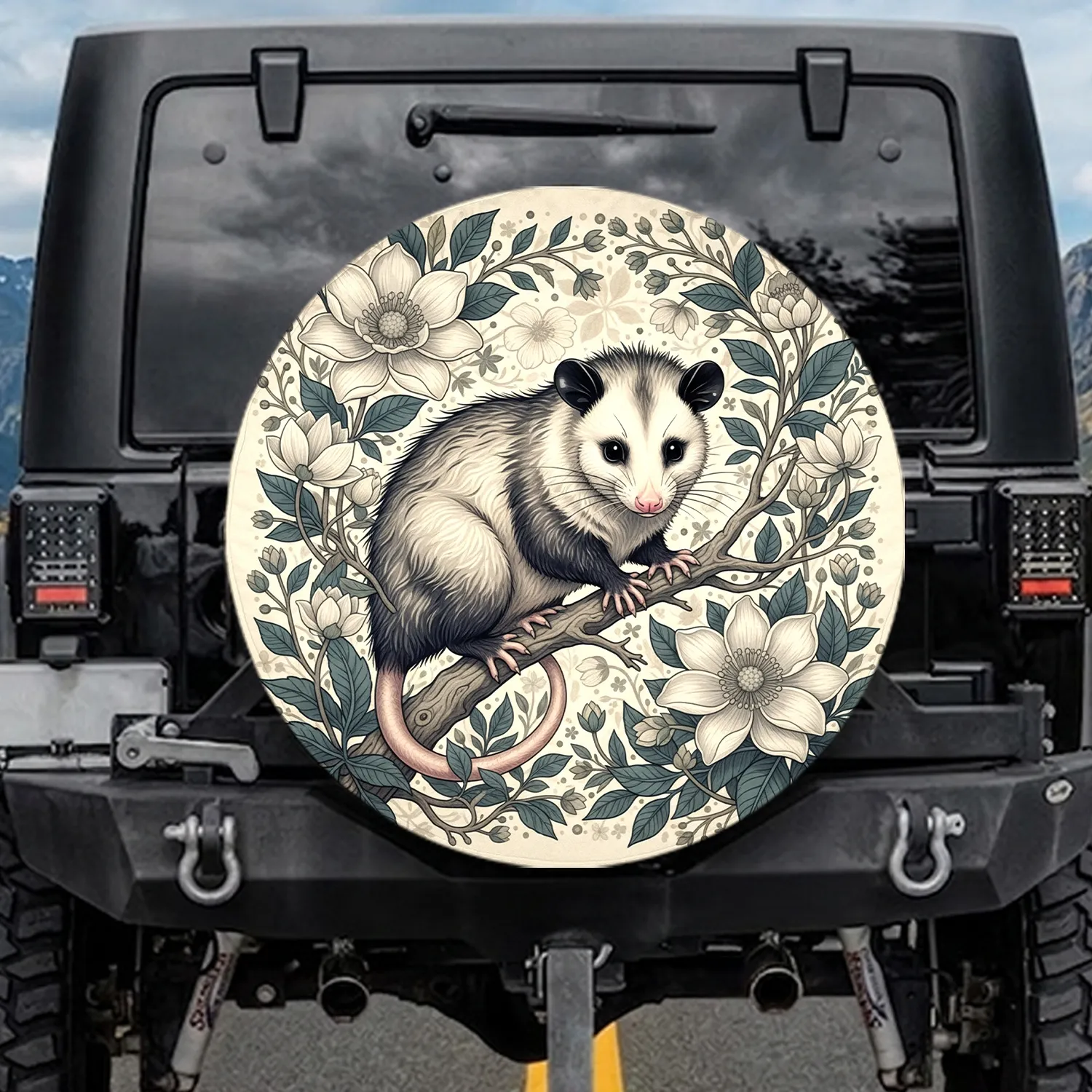 Opossum Surrounded Botanical Flowers Foliage Branch - Wildlife Lover Gift Spare Tire Cover - 1