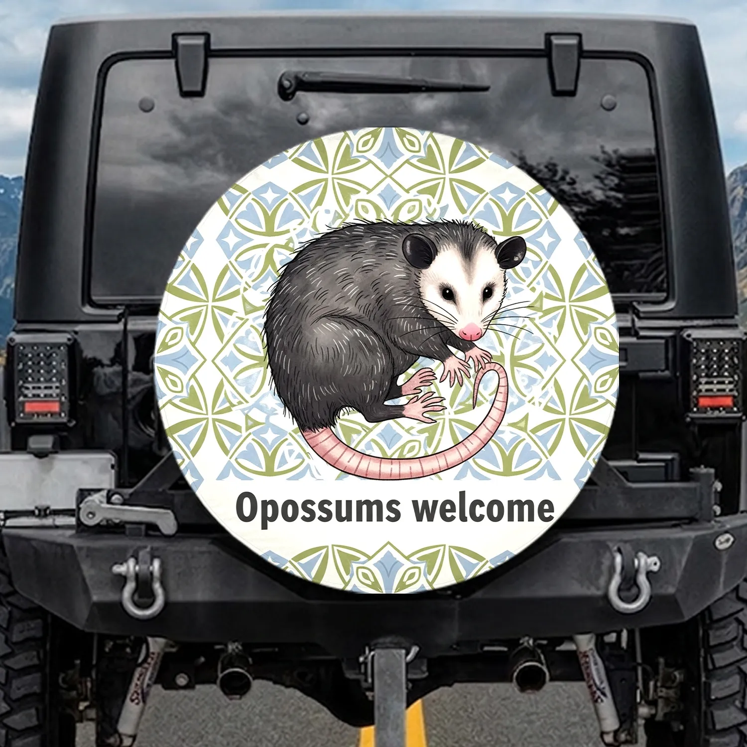 Opossum Opossums Welcome Geometric Floral - Wildlife Lover Gift for Opossum Lover Spare Tire Cover - 1