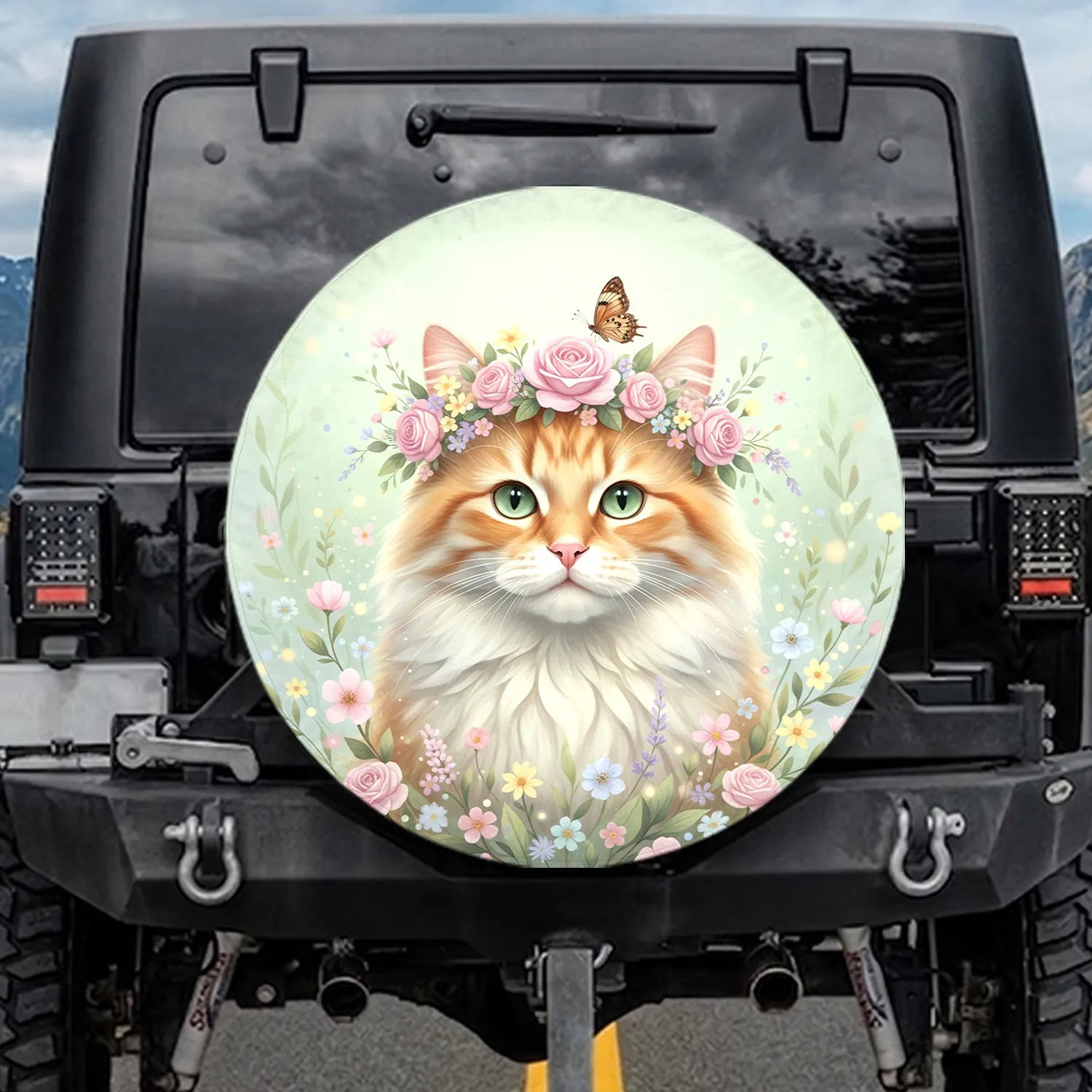 Orange White Fluffy Cat, Innocent Eyes, Rose Crown, Butterfly - Home Decor Gift for Cat Lover Spare Tire Cover - 1
