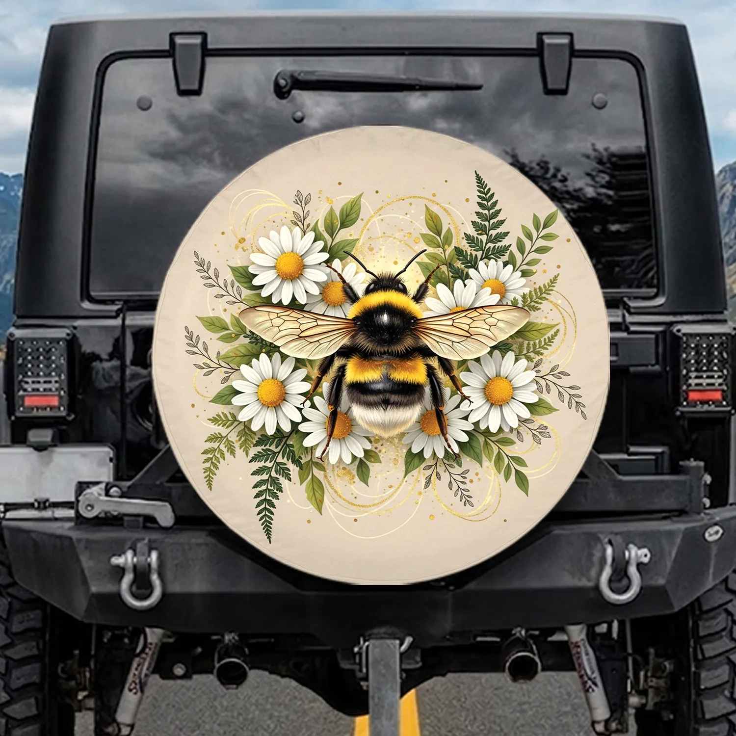 Bumblebee White Daisy Golden Swirls - Wildlife Lover Gift for Bee Lover Spare Tire Cover - 1