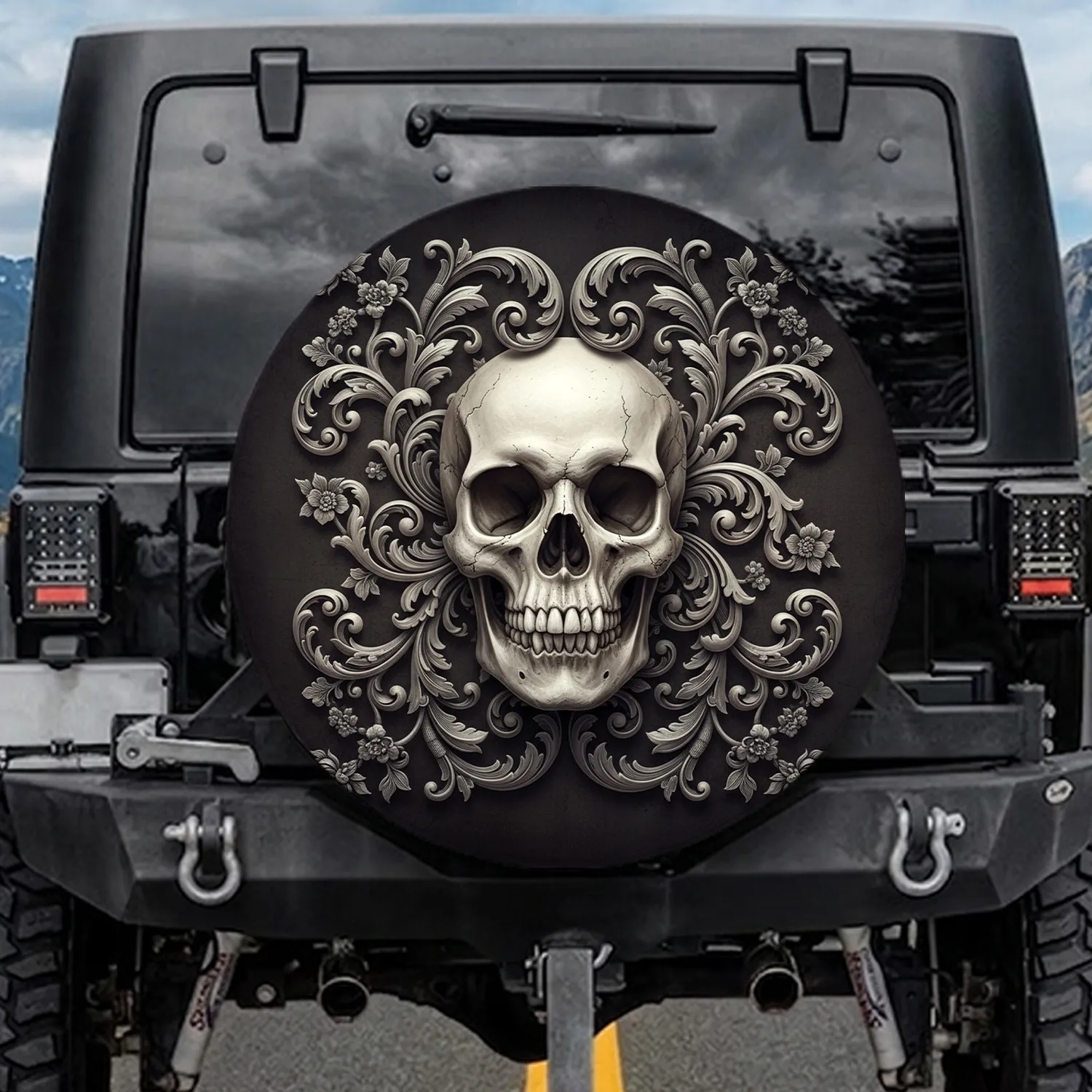 Dark Skull Silver Acanthus Baroque Floral - Gothic Home Decor Gift Spare Tire Cover - 1