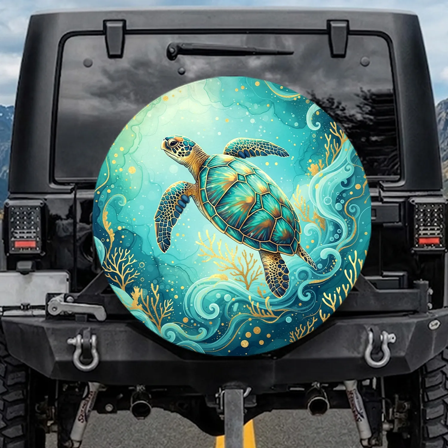 Teal Sea Turtle Golden Coral Swirling Currents Seascape - Wildlife Lover Gift Spare Tire Cover - 1