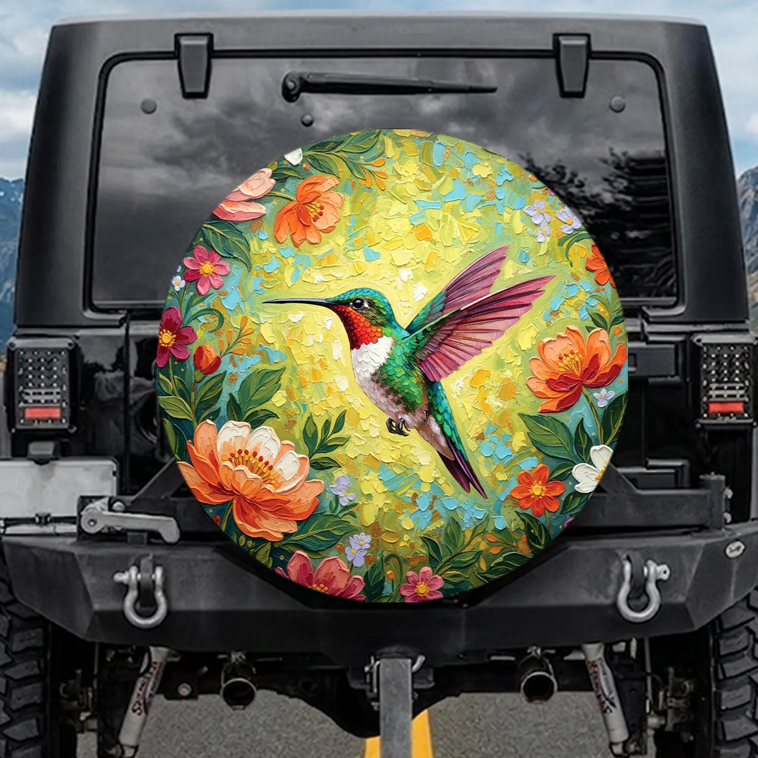 Vibrant Hummingbird Garden with Rich Flowers & Green Leaves - Wildlife Lover Gift Spare Tire Cover - 1