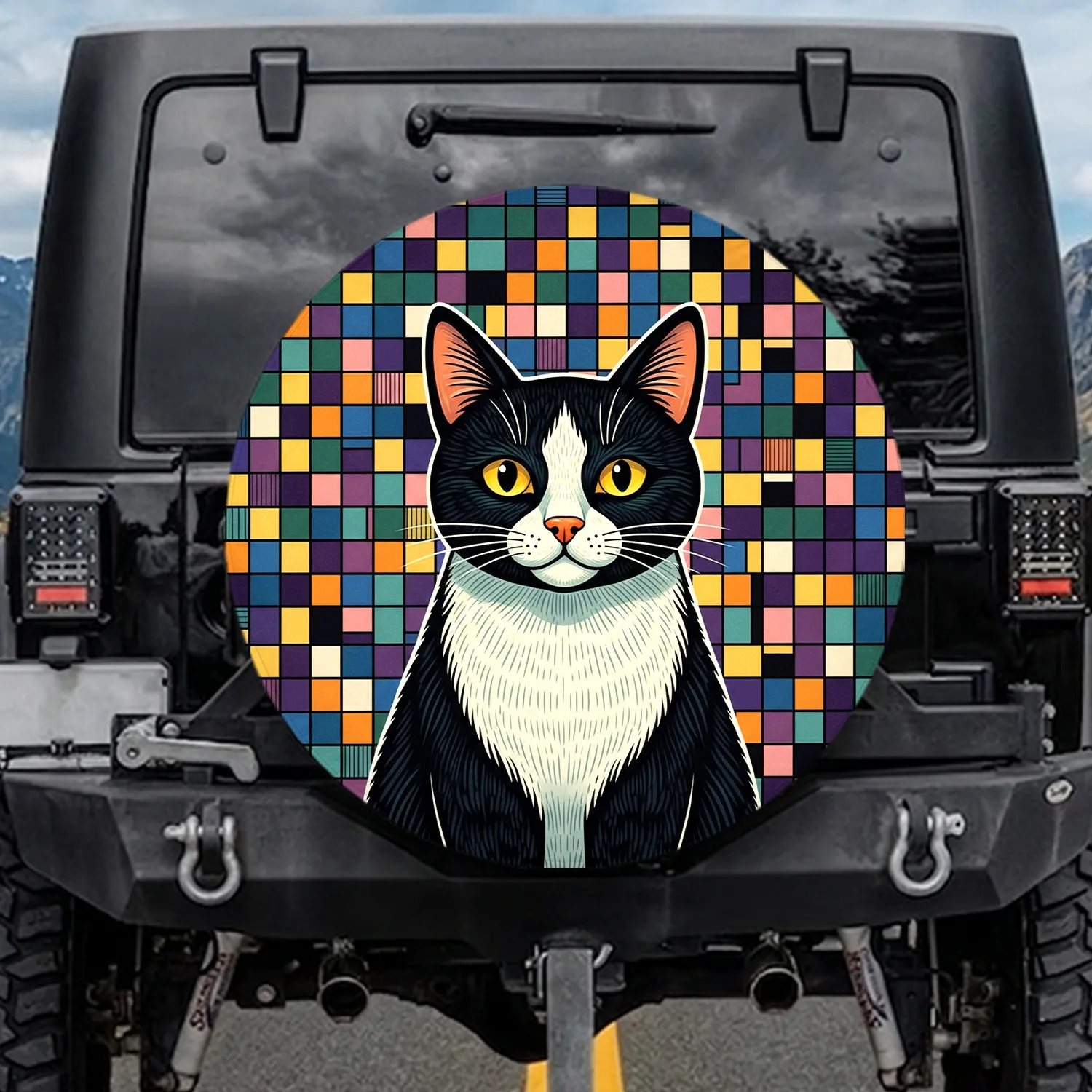 Tuxedo Cat Geometric Patchwork Home Decor Gift for Cat Lover Spare Tire Cover - 1