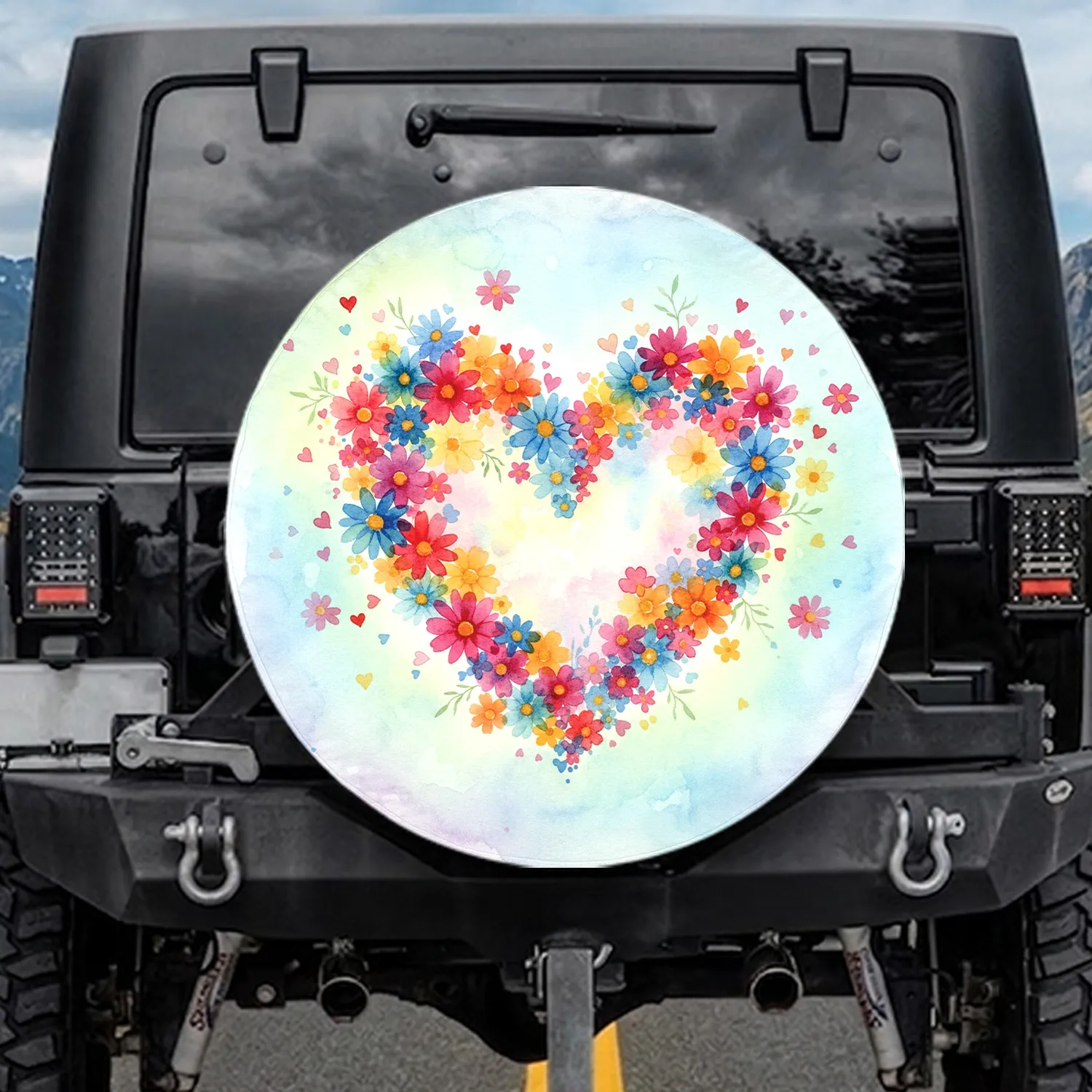 Watercolor Floral Heart Daisies Cosmos Wildflowers Small Hearts - Home Decor Gift for Garden Lover Spare Tire Cover - 1