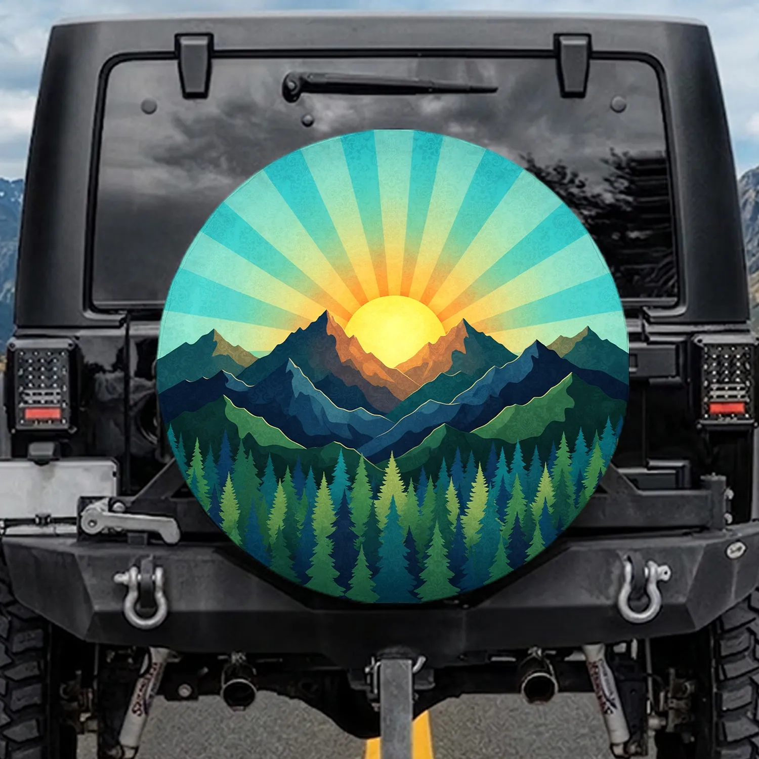 Golden Sun Mountain Forest Scene - Outdoor Adventure Travel Gift Spare Tire Cover - 1