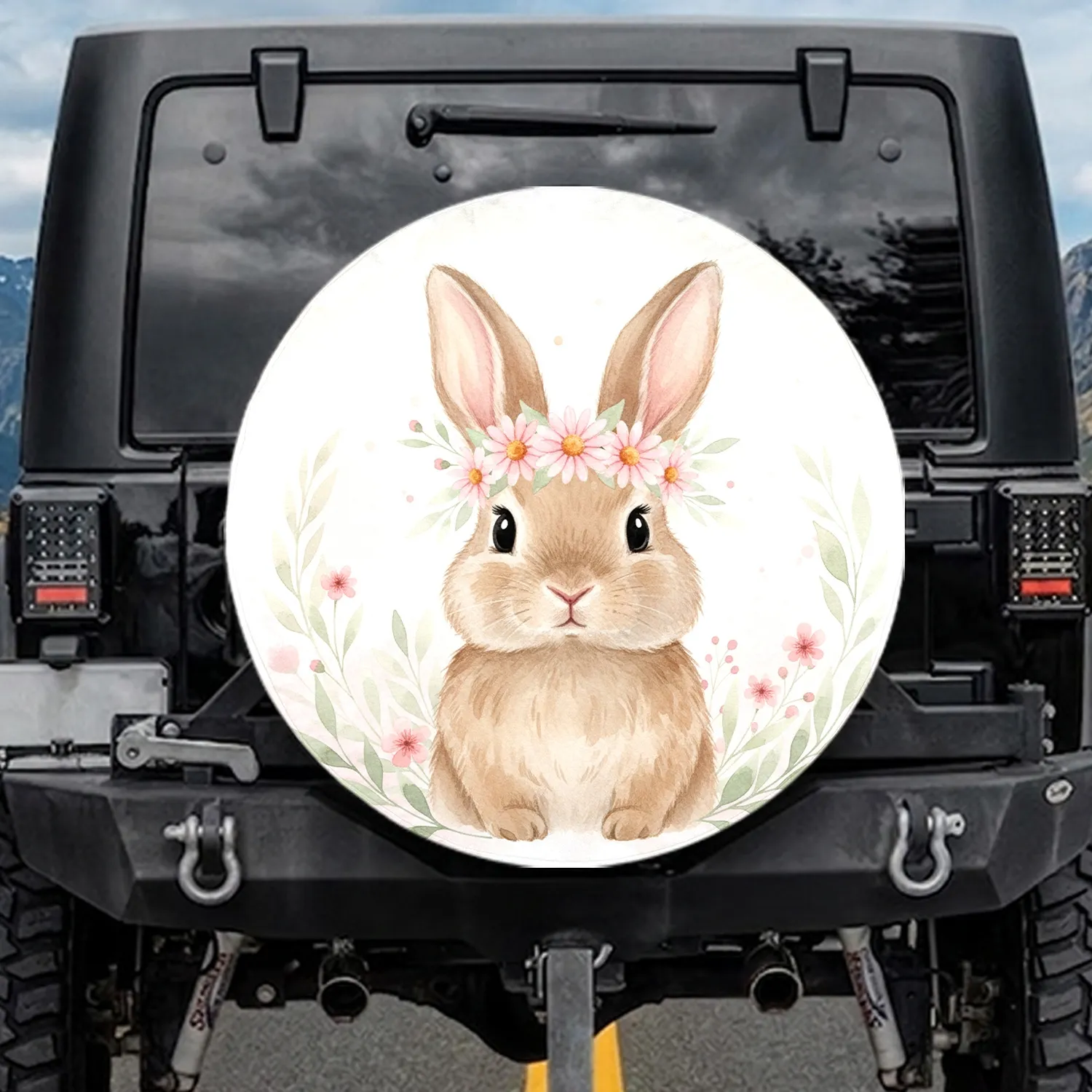Fluffy Bunny Daisy Crown Spring Flowers - Spring Decor Gift for Bunny Lover Spare Tire Cover - 1