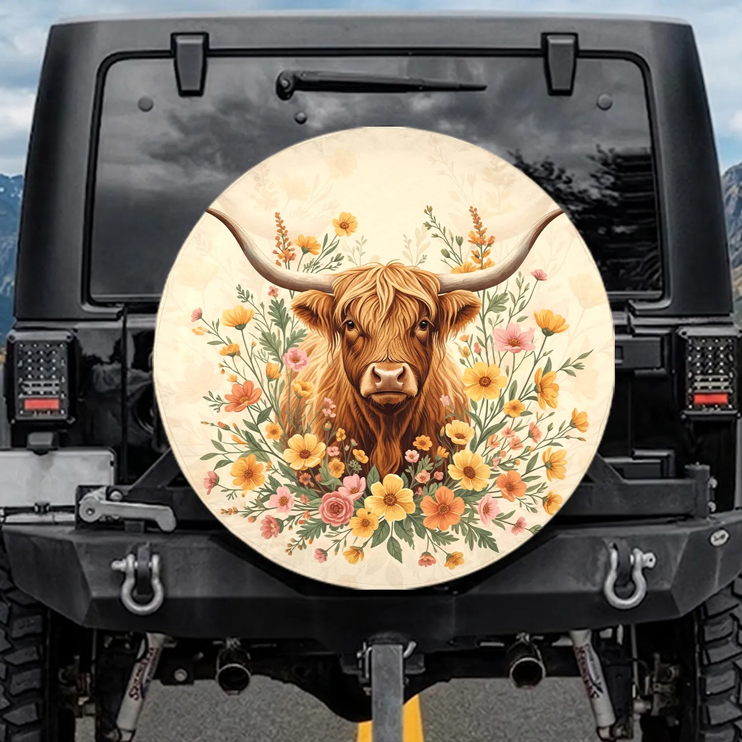 Highland Cow Wildflower Meadow - Farmhouse Home Decor Gift for Cow Lover Spare Tire Cover - 1