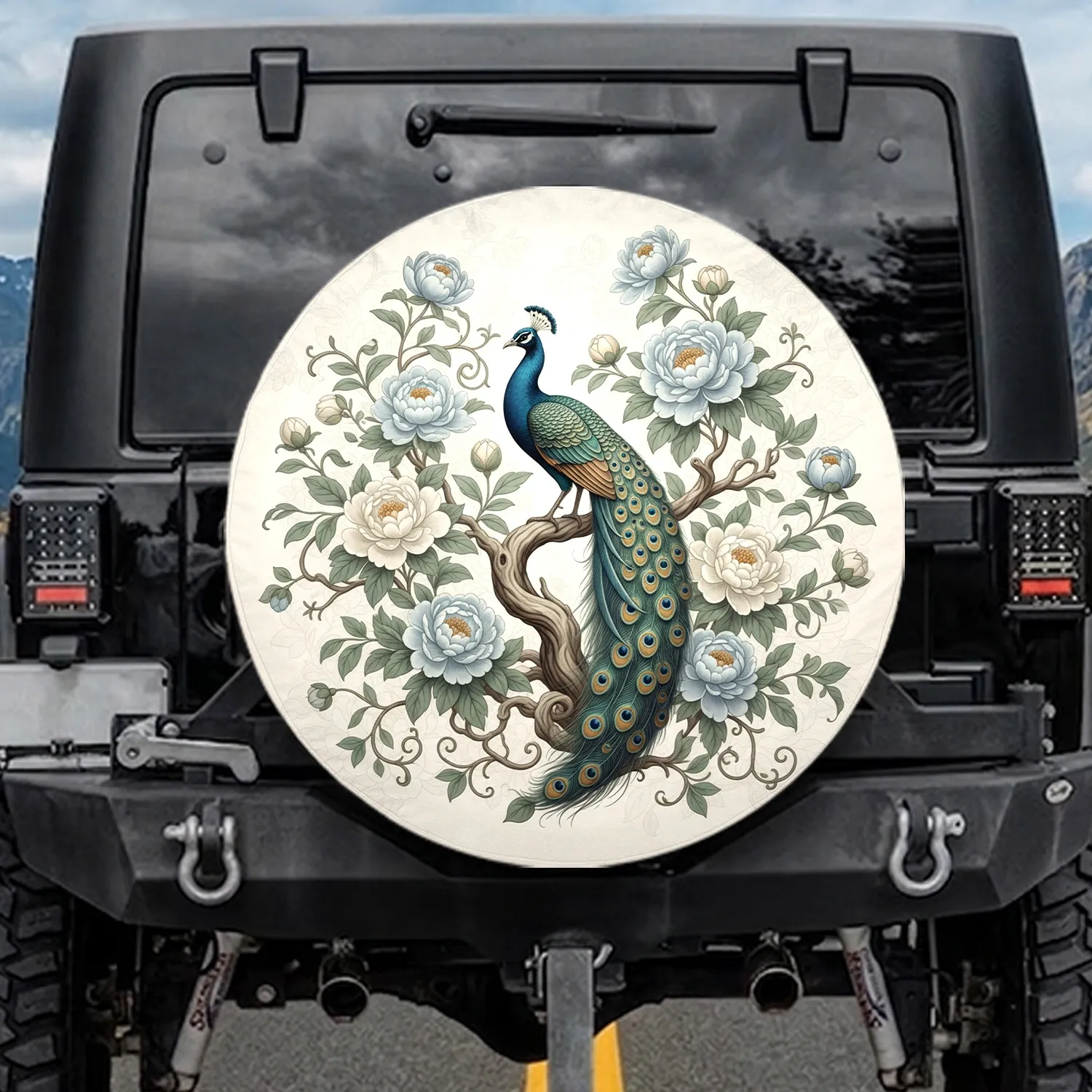 Peacock Peony Camellia Botanical - Wildlife Lover Home Decor Gift Spare Tire Cover - 1