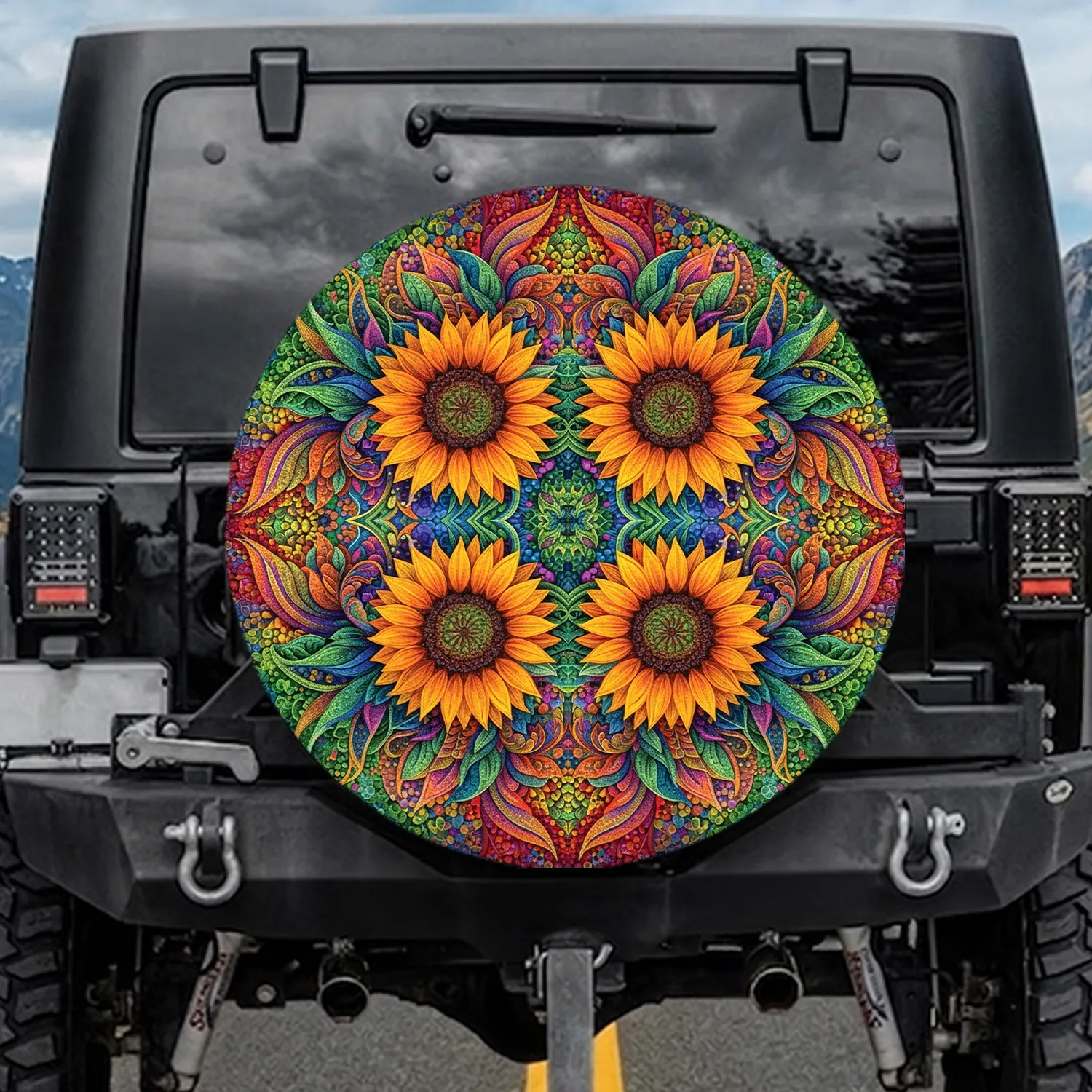 Kaleidoscopic Sunflower Mandala Floral Mosaic - Boho Lifestyle Gift for Yoga Lover Spare Tire Cover - 1