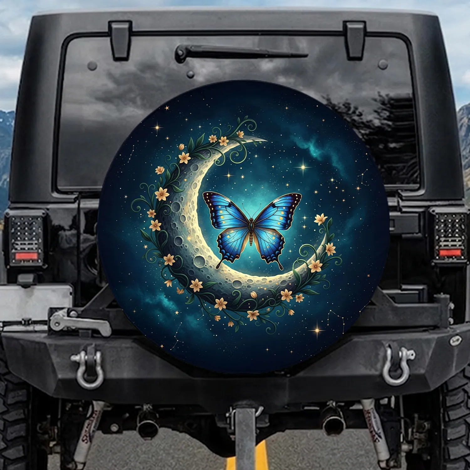 Blue Gold Butterfly Crescent Moon Celestial Sky - Star Gazer Outdoor Decor Spare Tire Cover - 1