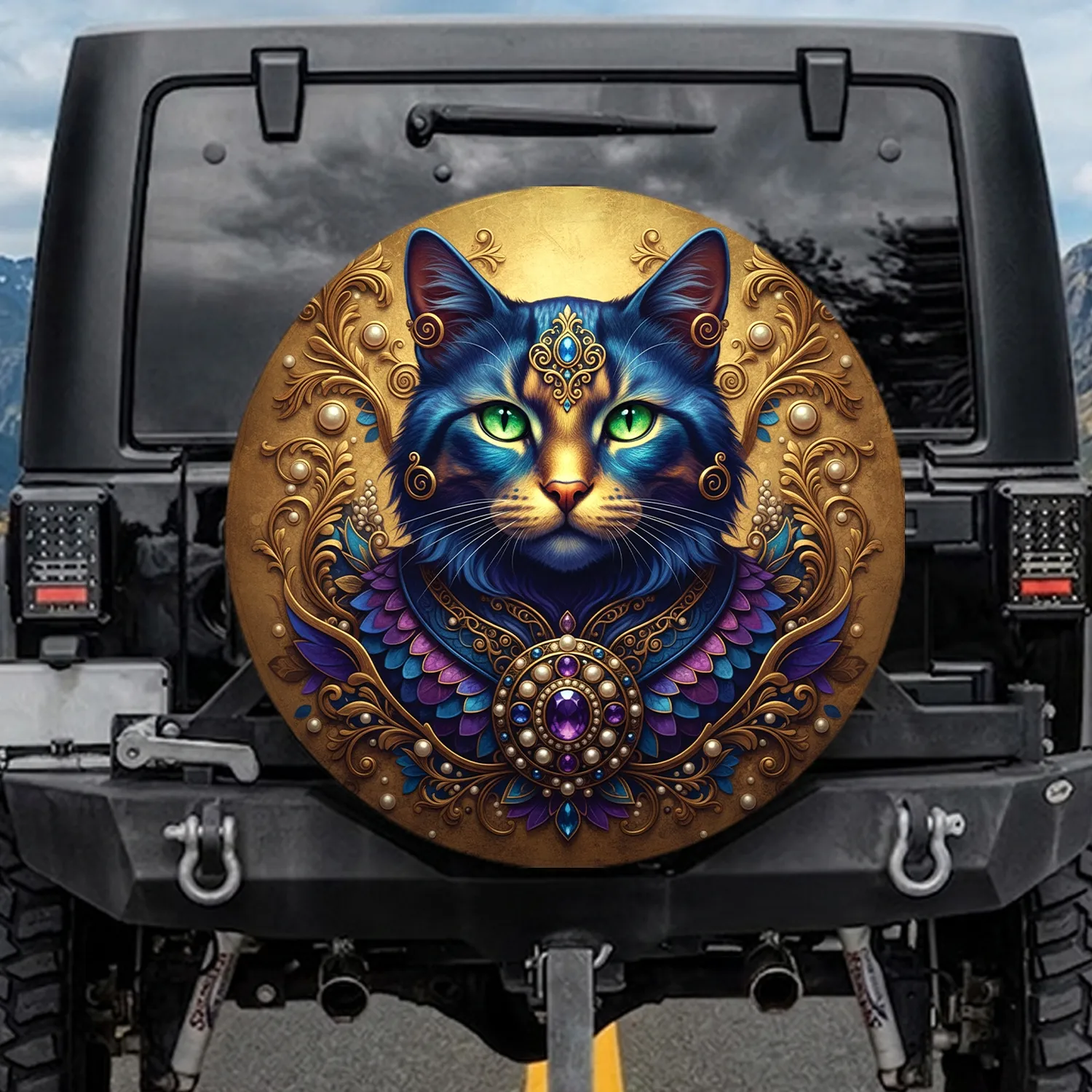 Regal Purple Cat Gold Emerald Jewels - Cat Lover Home Decor Gift Spare Tire Cover - 1
