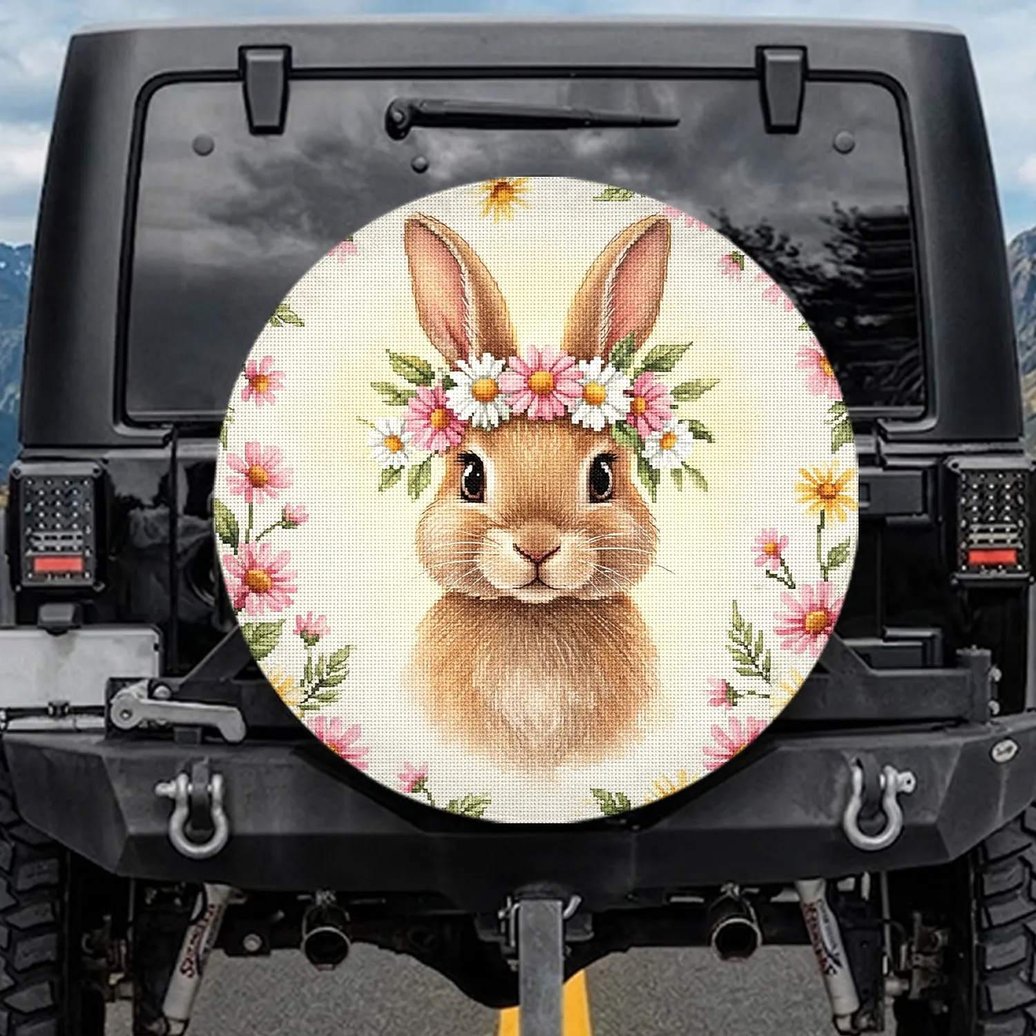 Brown Bunny Daisy Flower Crown, Scattered Florals - Wildlife Lover Gift Spare Tire Cover - 1