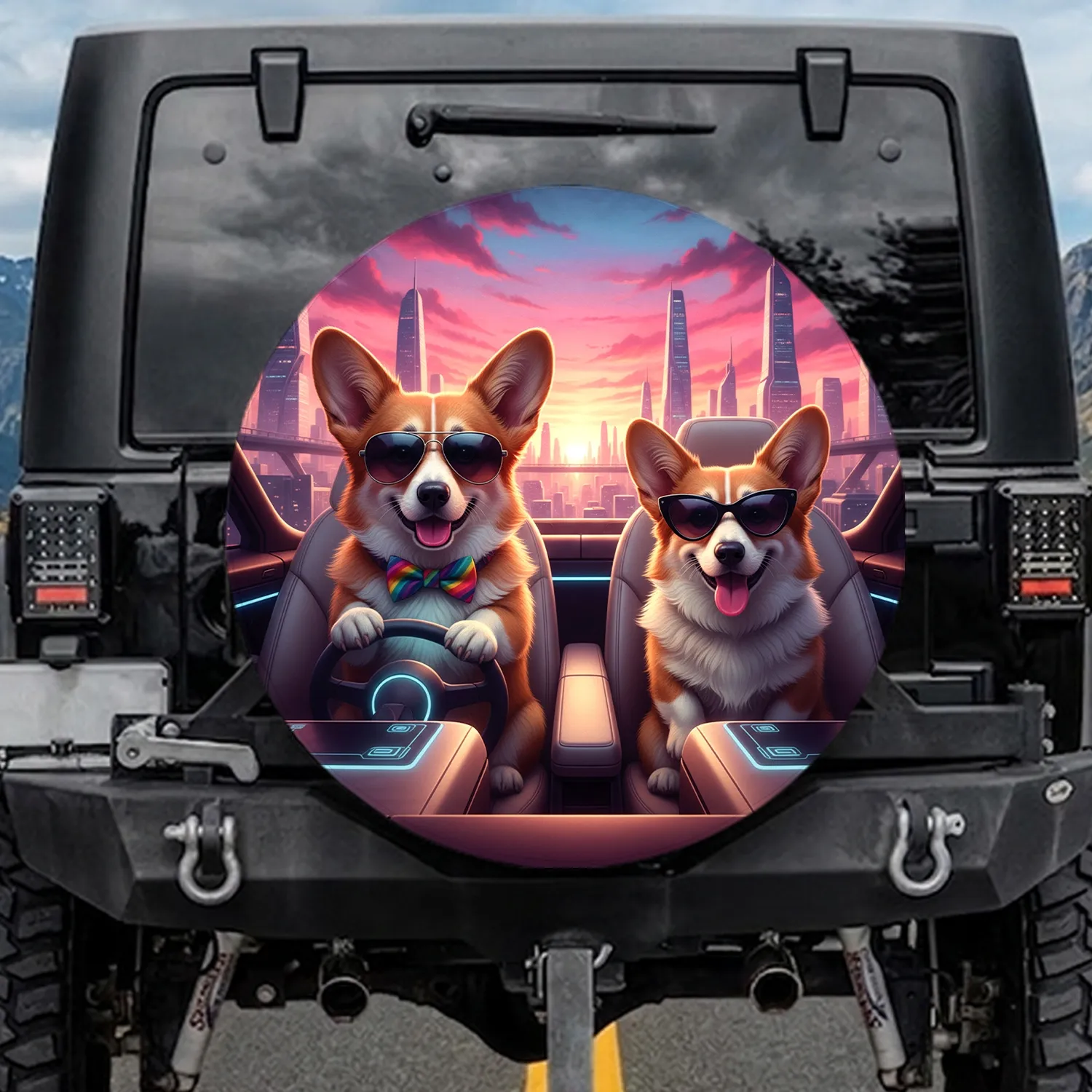 Luxury Cabin Corgi Dogs Driving Cityscape - Pet Lover Gift for Dog Owners Spare Tire Cover - 1