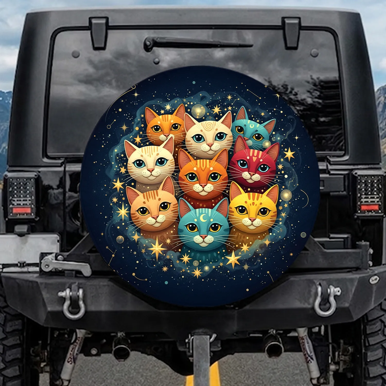 Diverse Stylized Cats Golden Stars Night Sky - Home Decor Gift for Cat Lover Spare Tire Cover - 1