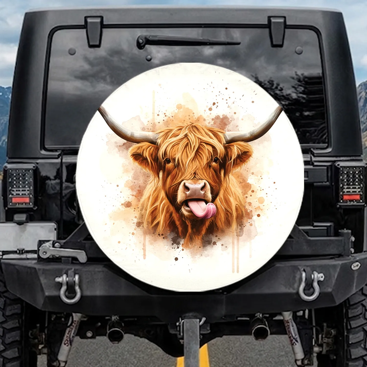 Highland Cow Pink Tongue - Farmhouse Decor Gift for Cow Lover Spare Tire Cover - 1