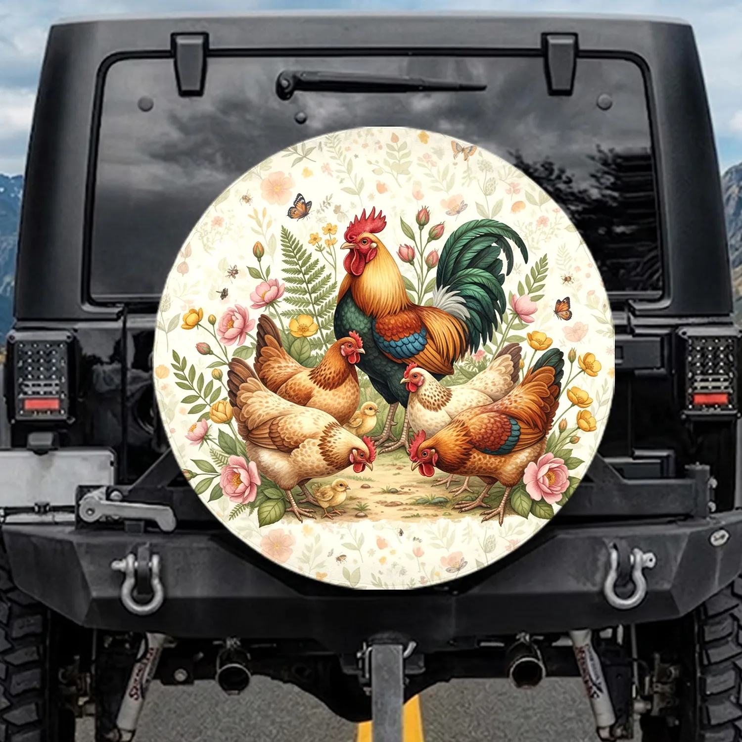 Hens Roosters Wildflower Garden Farmhouse Decor Gift for Chicken Lover Spare Tire Cover - 1