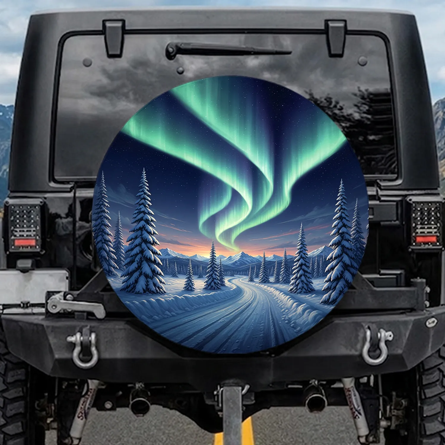 Aurora Borealis Winter Road - Adventure Seeker Travel Gift Spare Tire Cover - 1