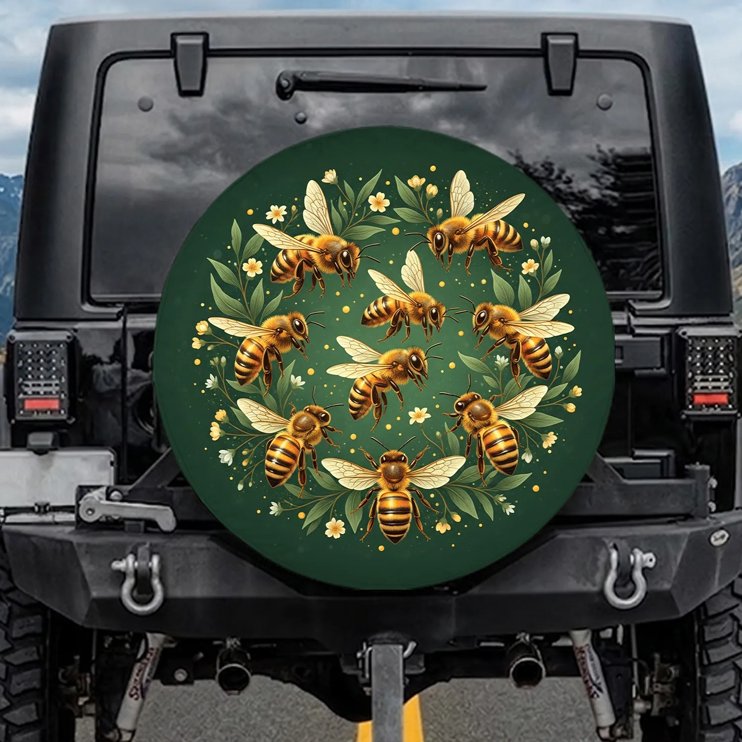 Honey Bees Striped Floral Leaves Forest - Garden Lover Gift Spare Tire Cover - 1