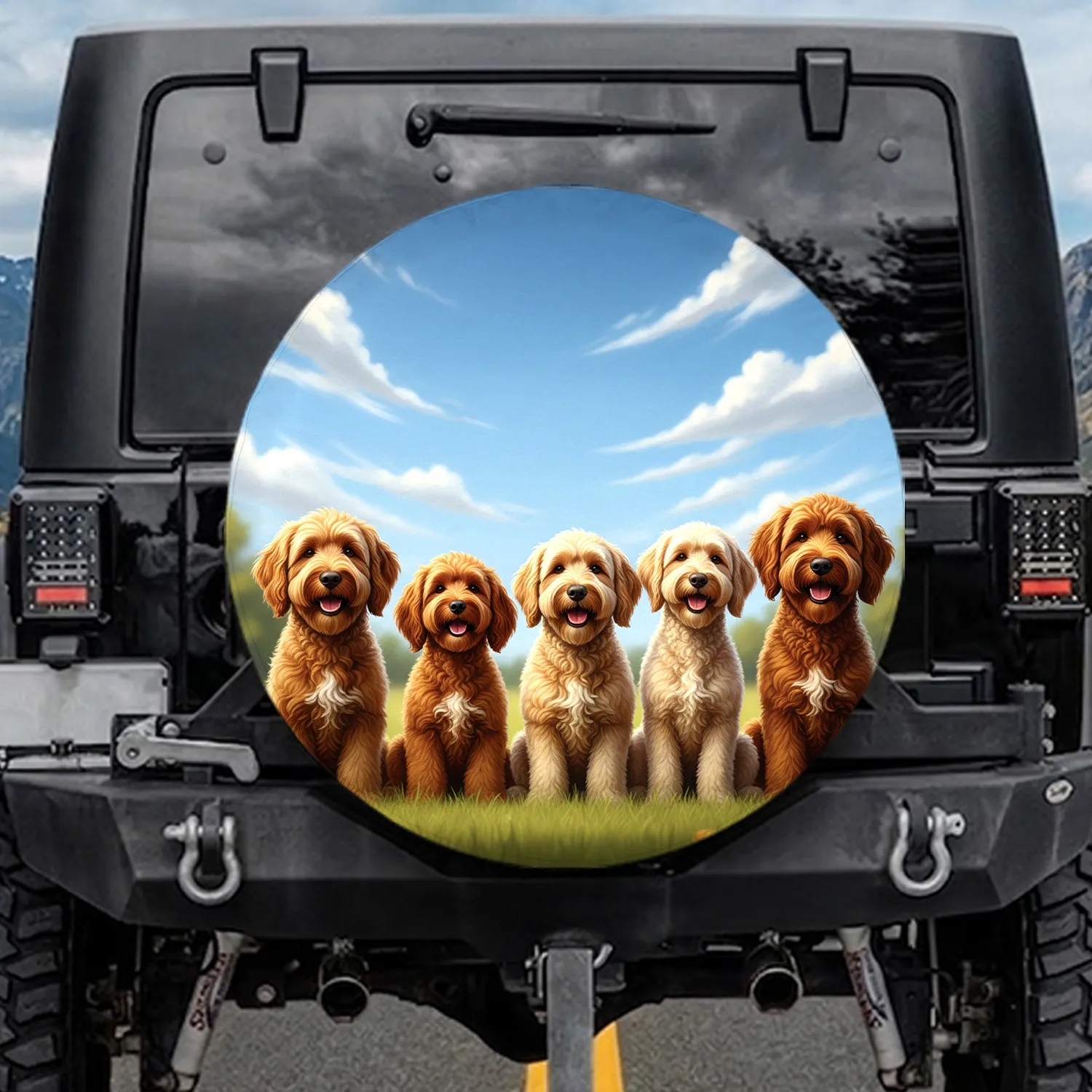 Five Happy Goldendoodle Labradoodle Dogs - Dog Lover Gift for Pet Owners Spare Tire Cover - 1
