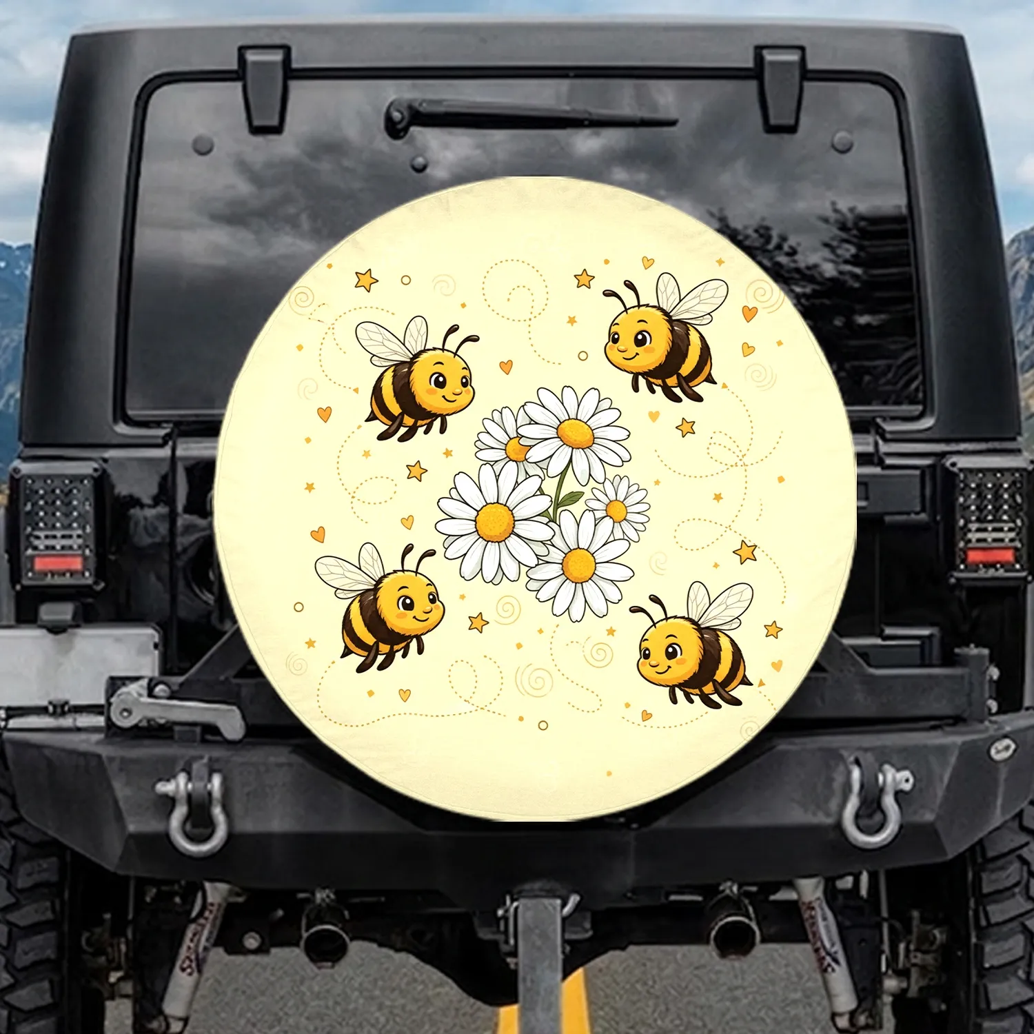 Friendly Cartoon Bees Daisies Golden Stars Orange Hearts - Garden Lover Gift Spare Tire Cover - 1