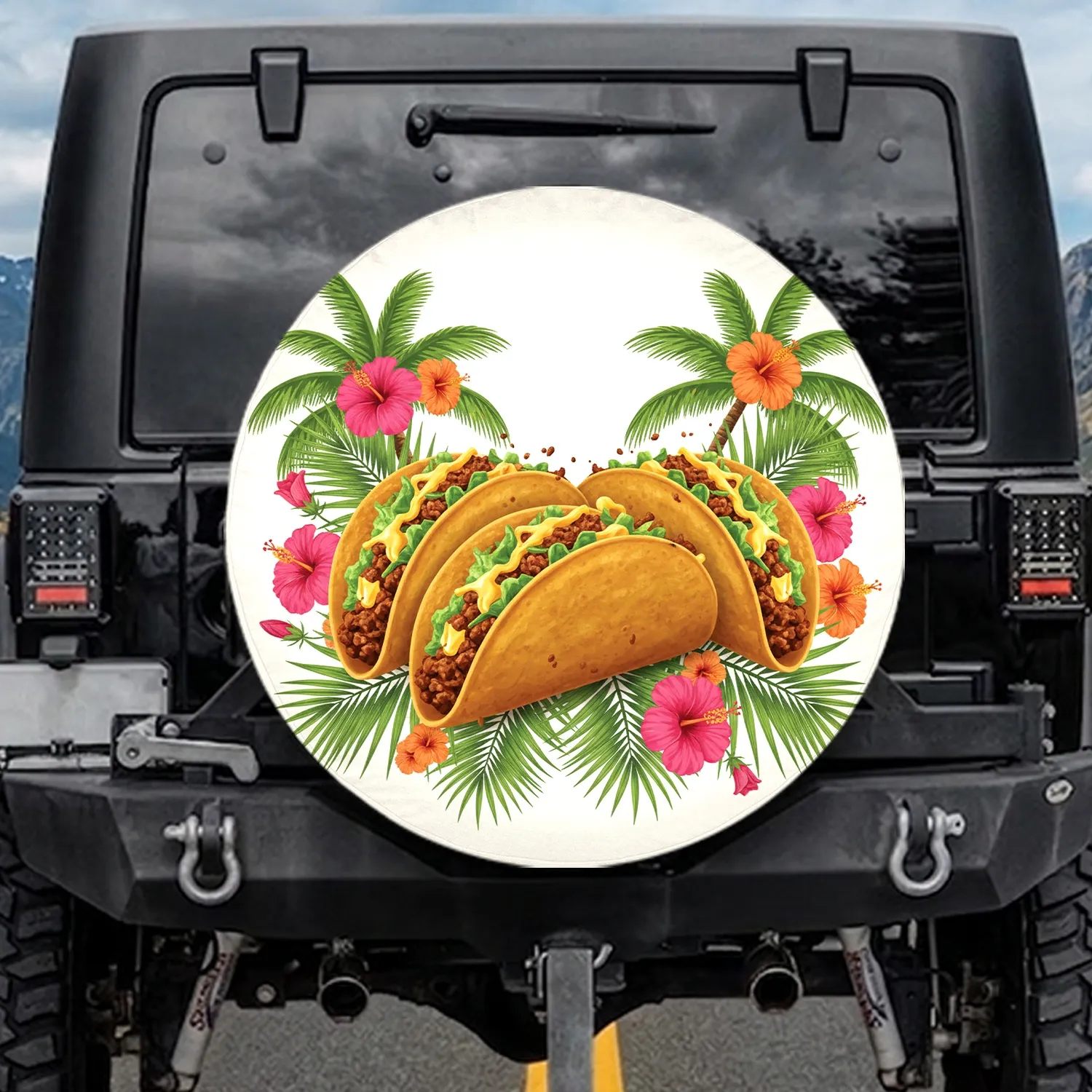 Golden Hard Shell Tacos Palm Fronds Hibiscus - Tropical Lifestyle Gift Spare Tire Cover - 1