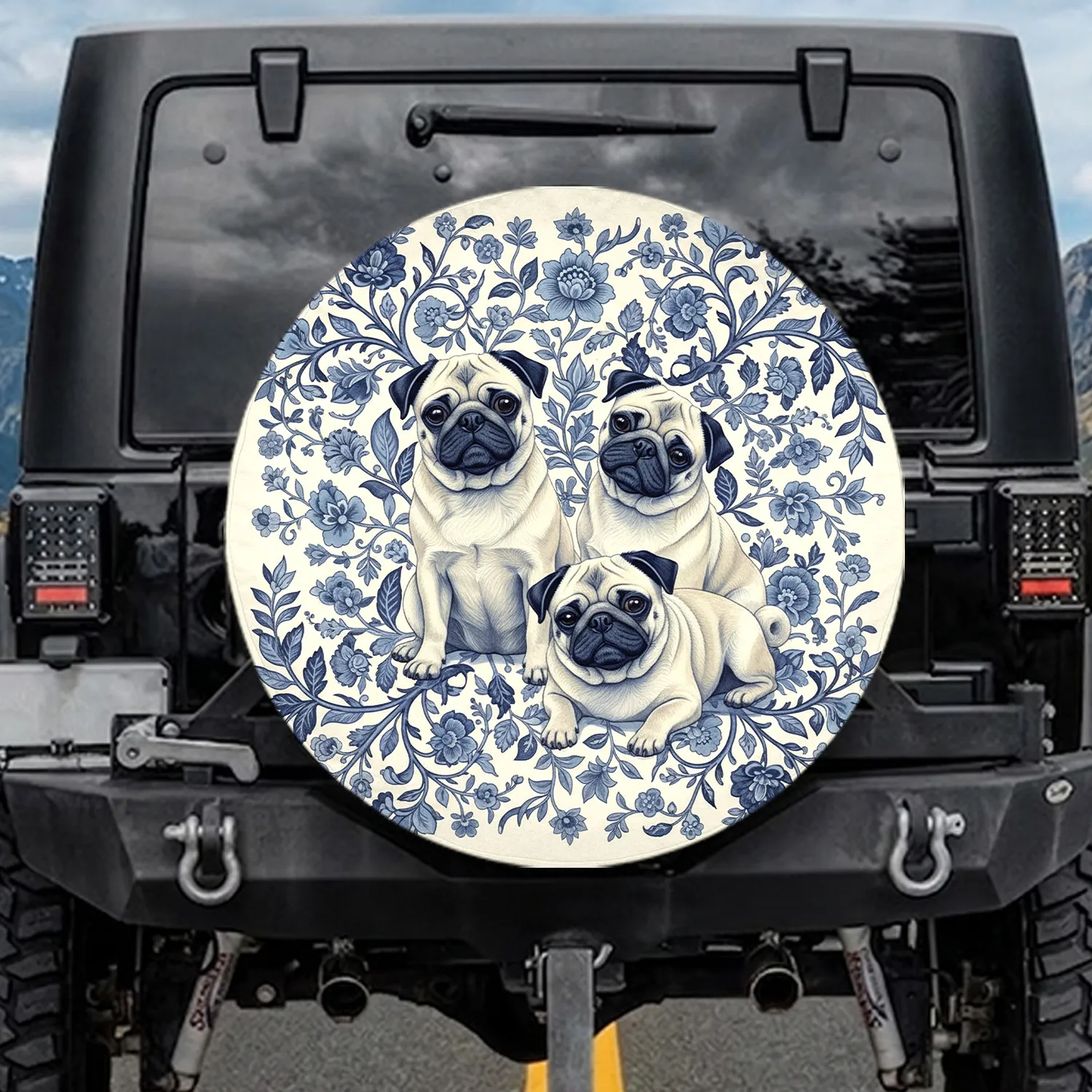 Delftware Porcelain Pug Dogs Chinoiserie Blue Floral - Dog Lover Home Decor Gift Spare Tire Cover - 1