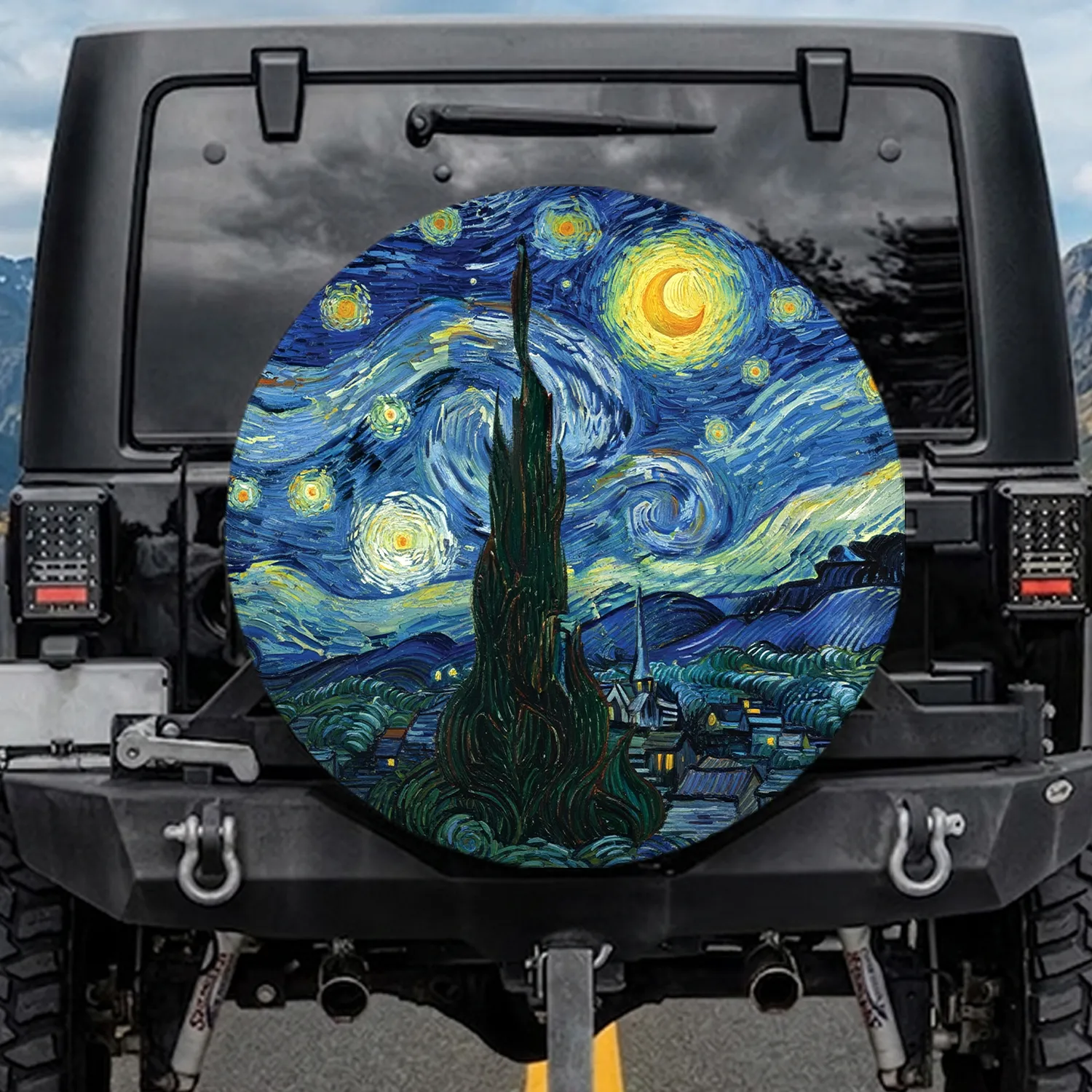 Starry Night Village Crescent Moon Cypress Tree - Cosmic Lover Gift Spare Tire Cover - 1