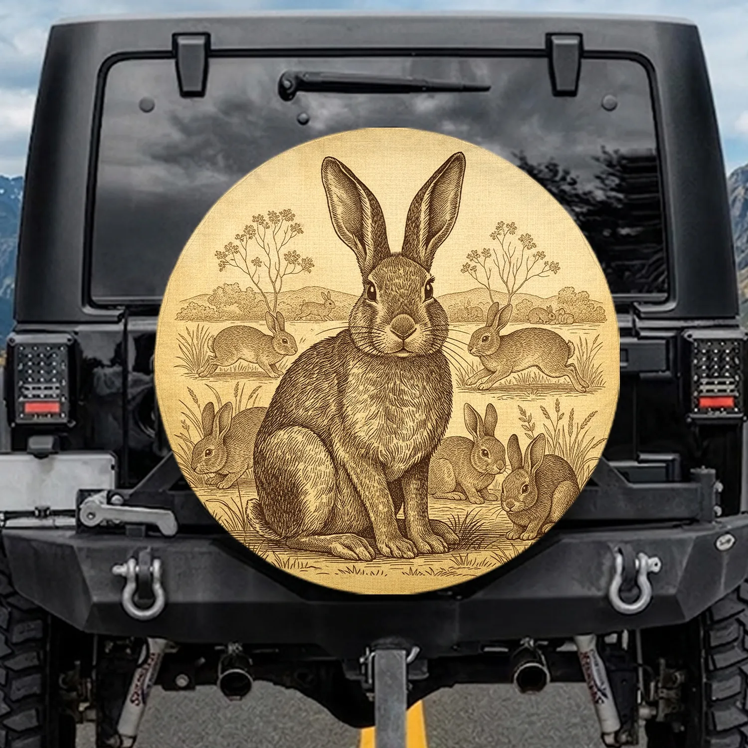 Vintage Rabbit Small Bunnies Golden Parchment - Wildlife Lover Home Decor Gift Spare Tire Cover - 1