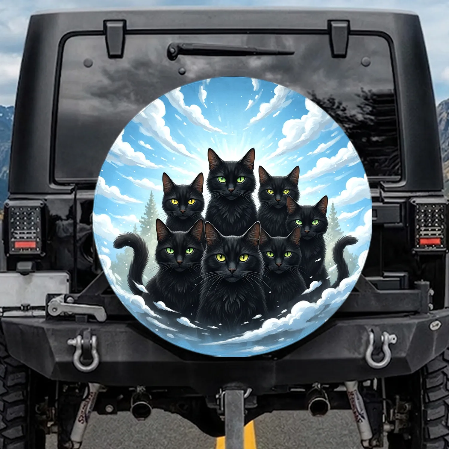 Black Cat Group Portrait Yellow Eyes Blue Sky - Cat Lover Outdoor Lifestyle Gift Spare Tire Cover - 1