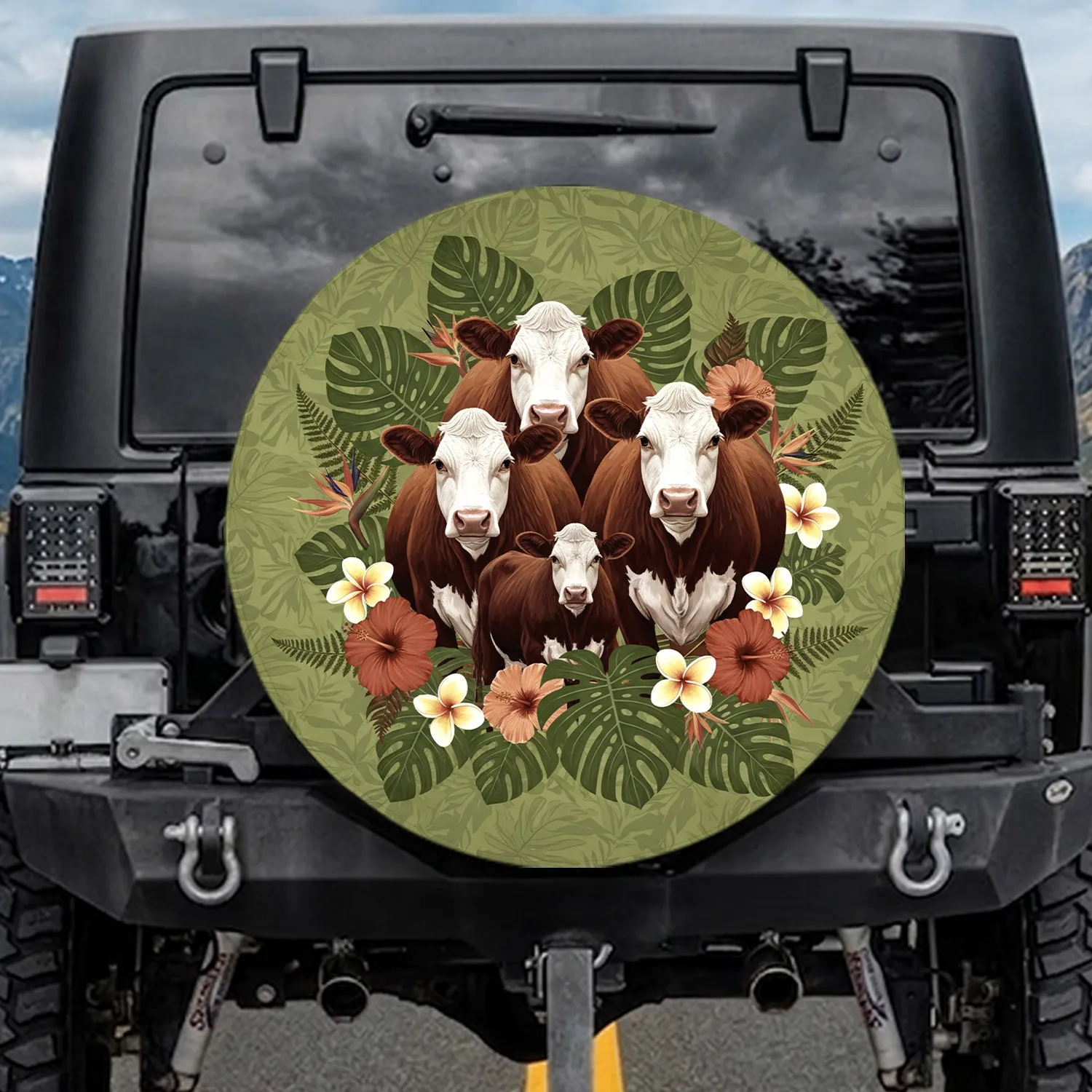 Hereford Cows Tropical Leaves Exotic Flowers - Farmhouse Home Decor for Cow Lover Spare Tire Cover - 1