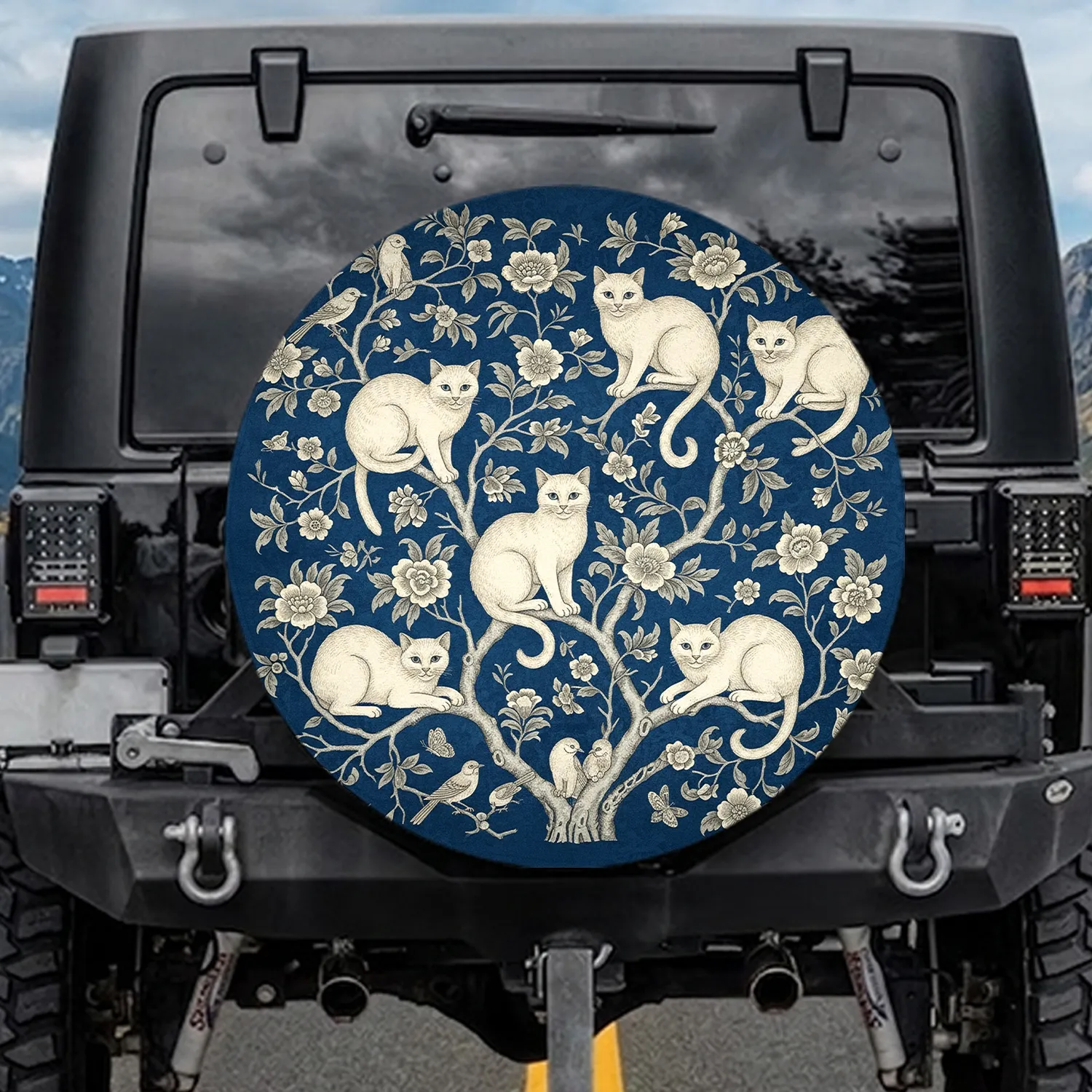 Chinoiserie Cat Blossoms Birds - Home Decor Gift for Cat Lover Spare Tire Cover - 1
