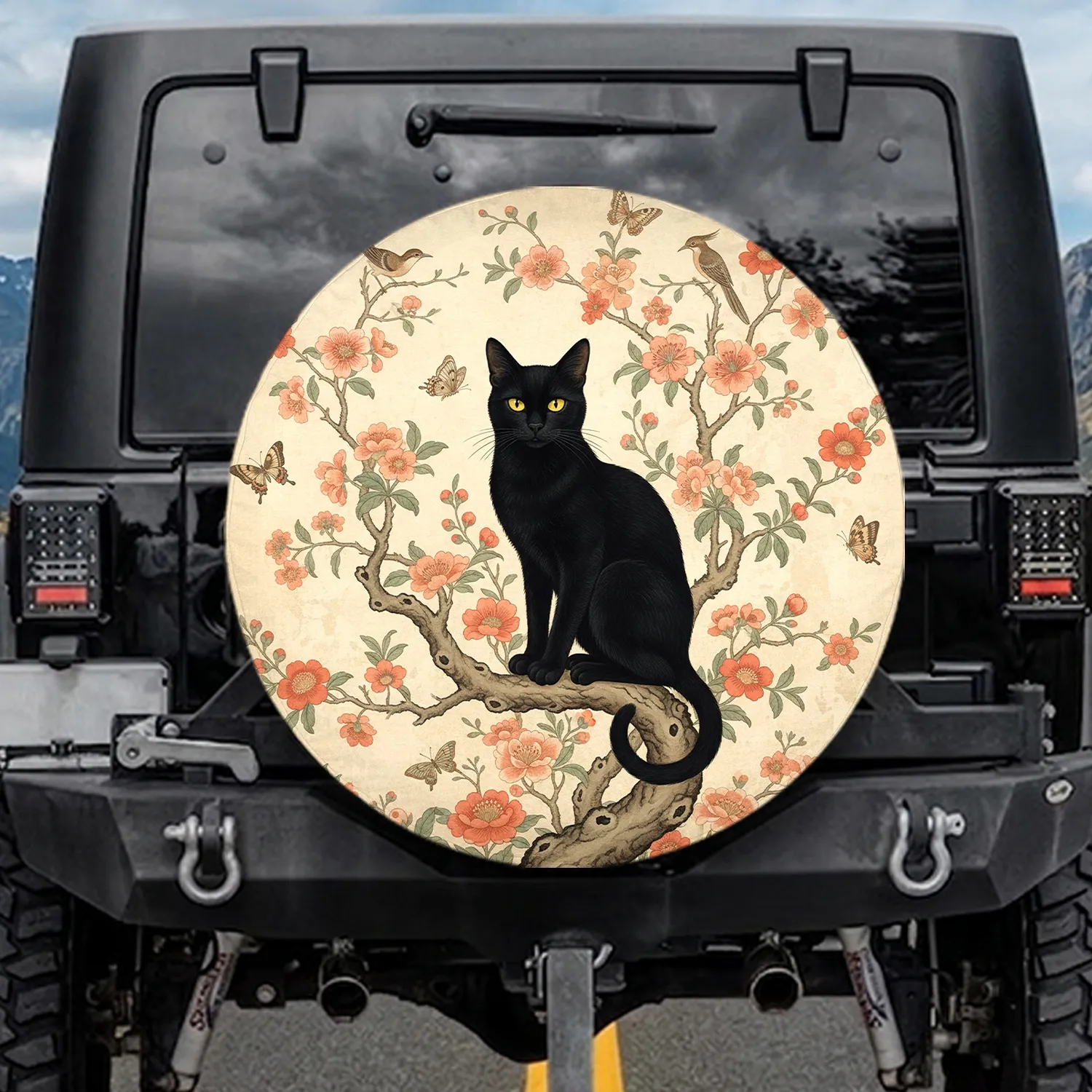 Black Cat Flowering Tree Butterflies - Cat Lover Home Decor Gift Spare Tire Cover - 1