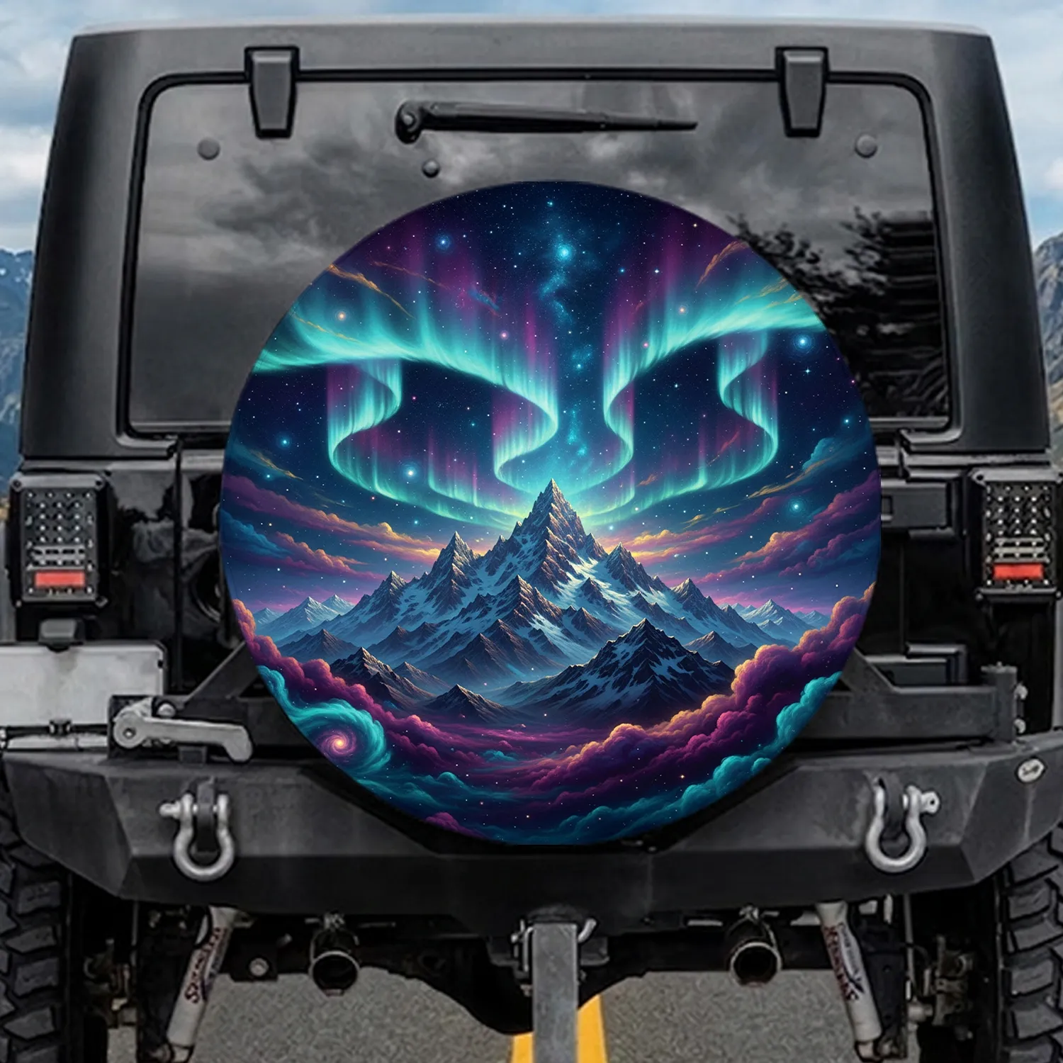 Snow Capped Mountains Aurora Borealis Cosmic Sky - Outdoor Adventure Gift Spare Tire Cover - 1