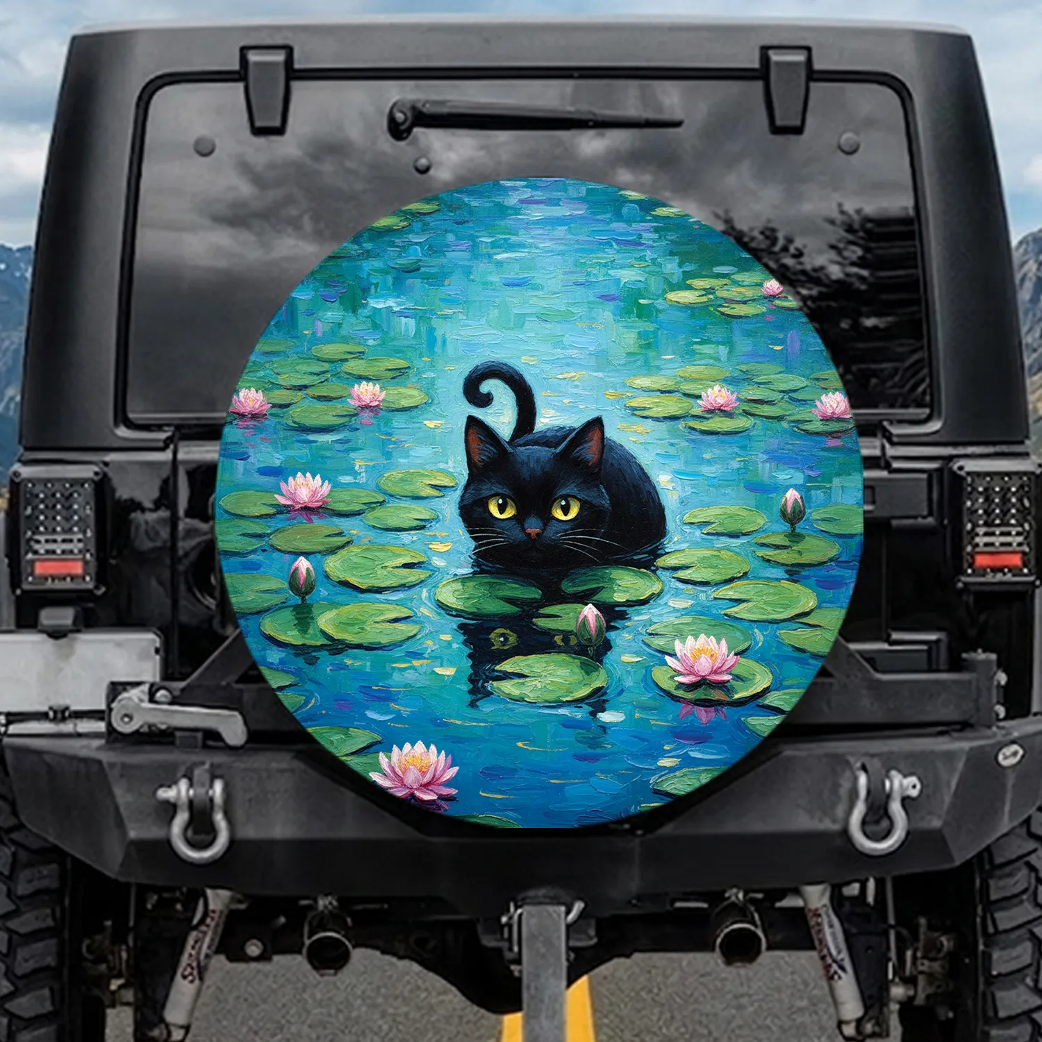Black Cat Water Lilies Pond - Home Decor Gift for Cat Lover Spare Tire Cover - 1