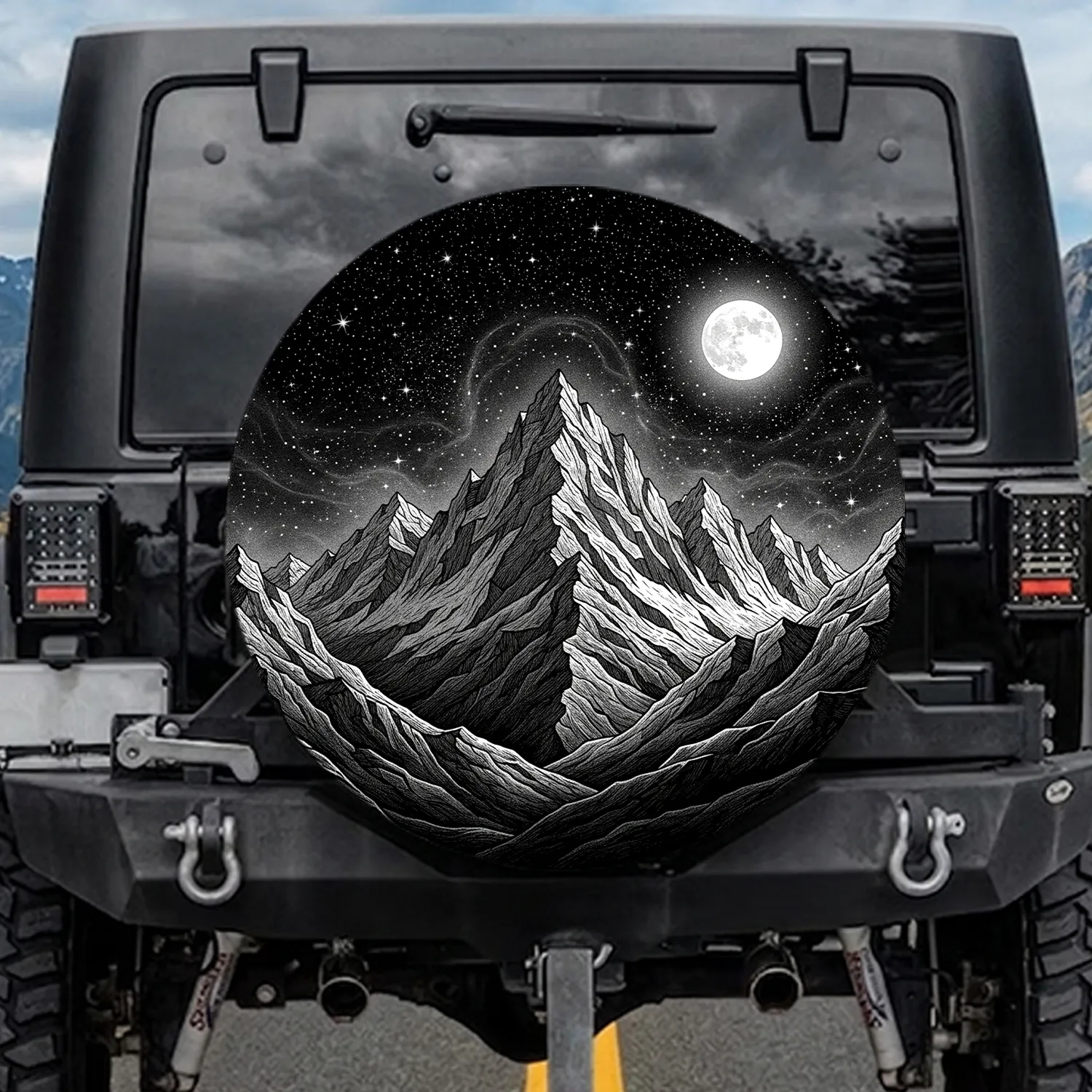 Rugged Snow-Capped Mountain Range Starry Night Full Moon - Outdoor Gift for Mountain Lover Spare Tire Cover - 1