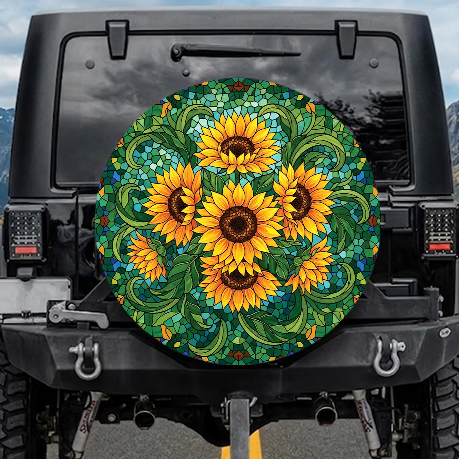 Stained Glass Sunflowers Mosaic - Outdoor Decor Gift for Garden Lover Spare Tire Cover - 1