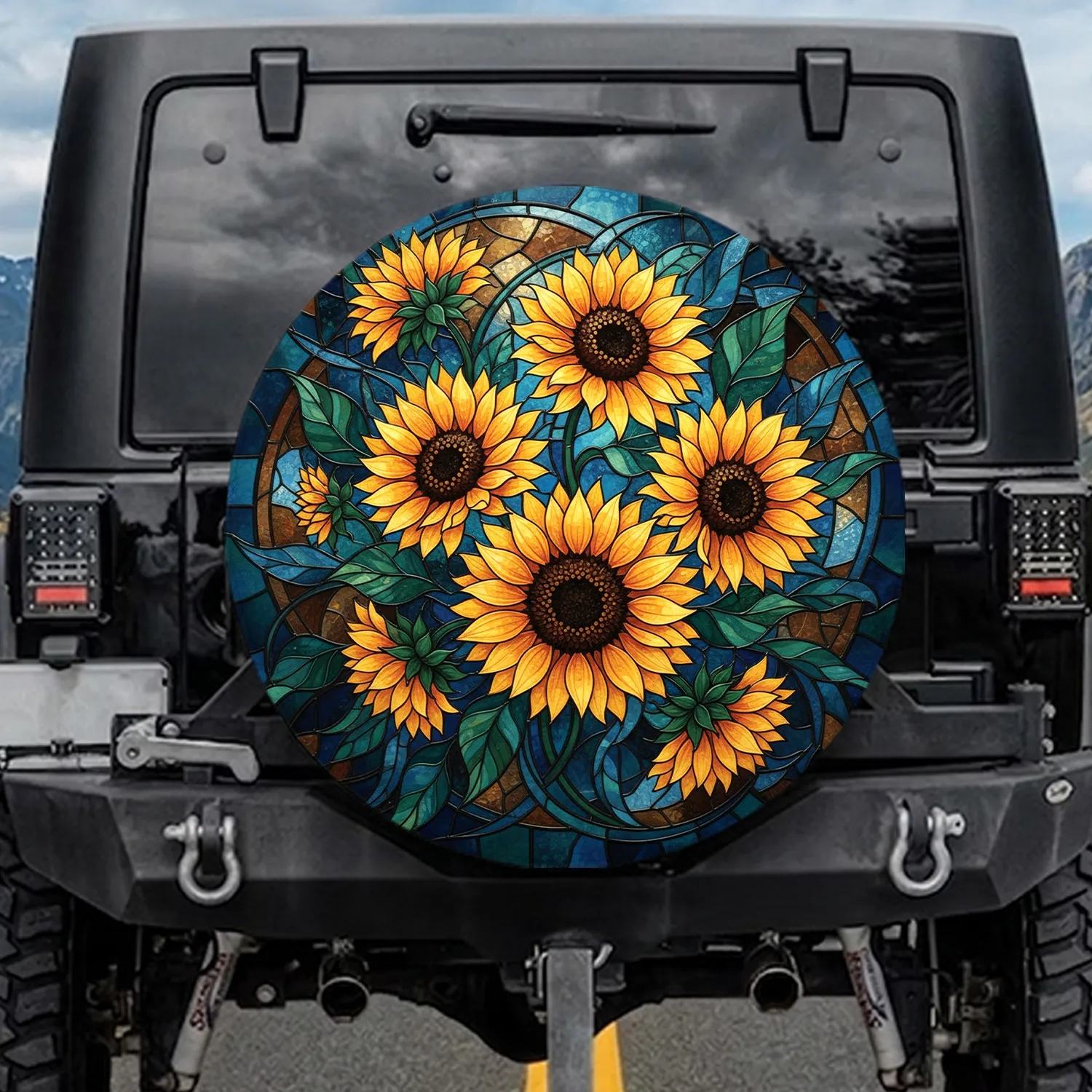 Sunflower Petals Seed Heads Ornate Leaves Stained Glass - Home Decor Gift for Garden Lover Spare Tire Cover - 1