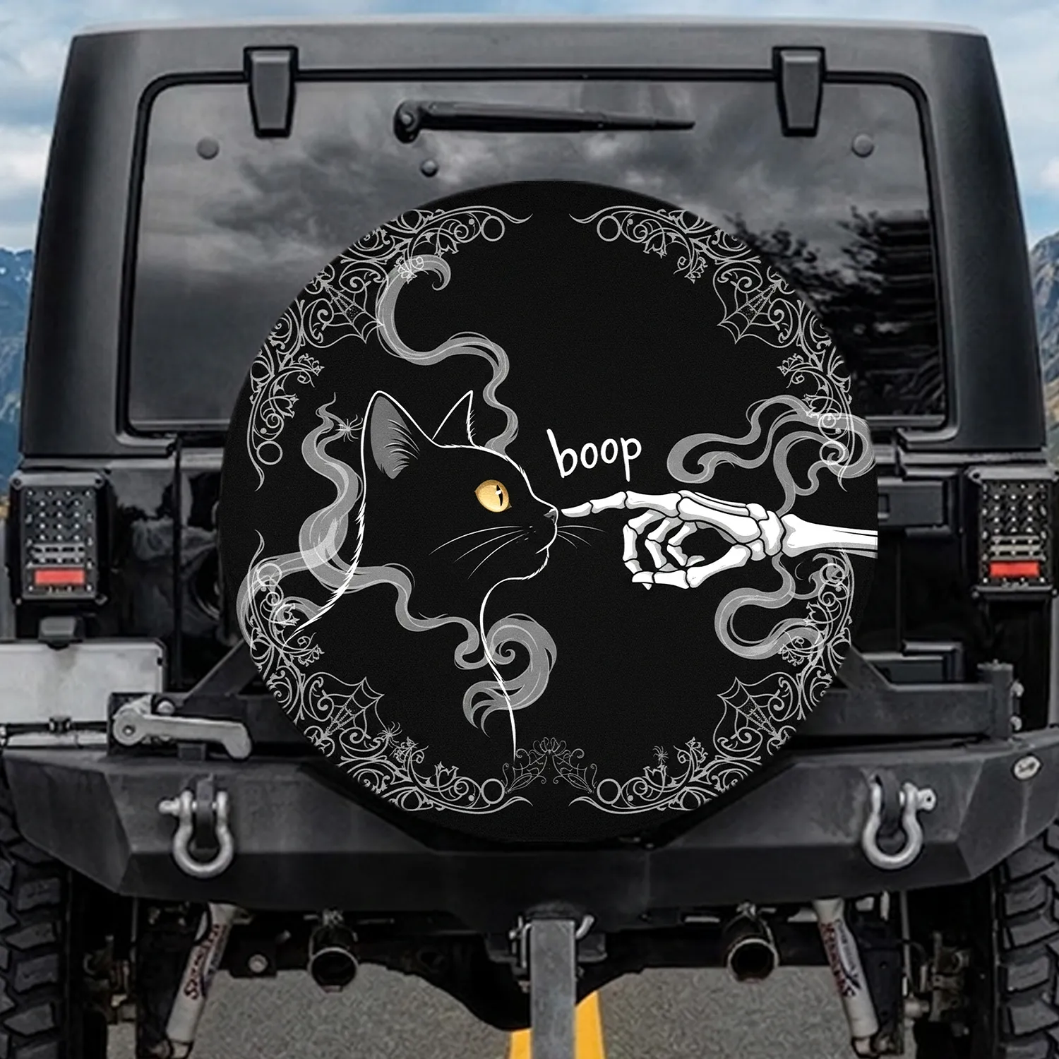 Black Cat Booop Skeleton Hand Gothic Spiderweb - Halloween Decor Gift for Cat Lover Spare Tire Cover - 1