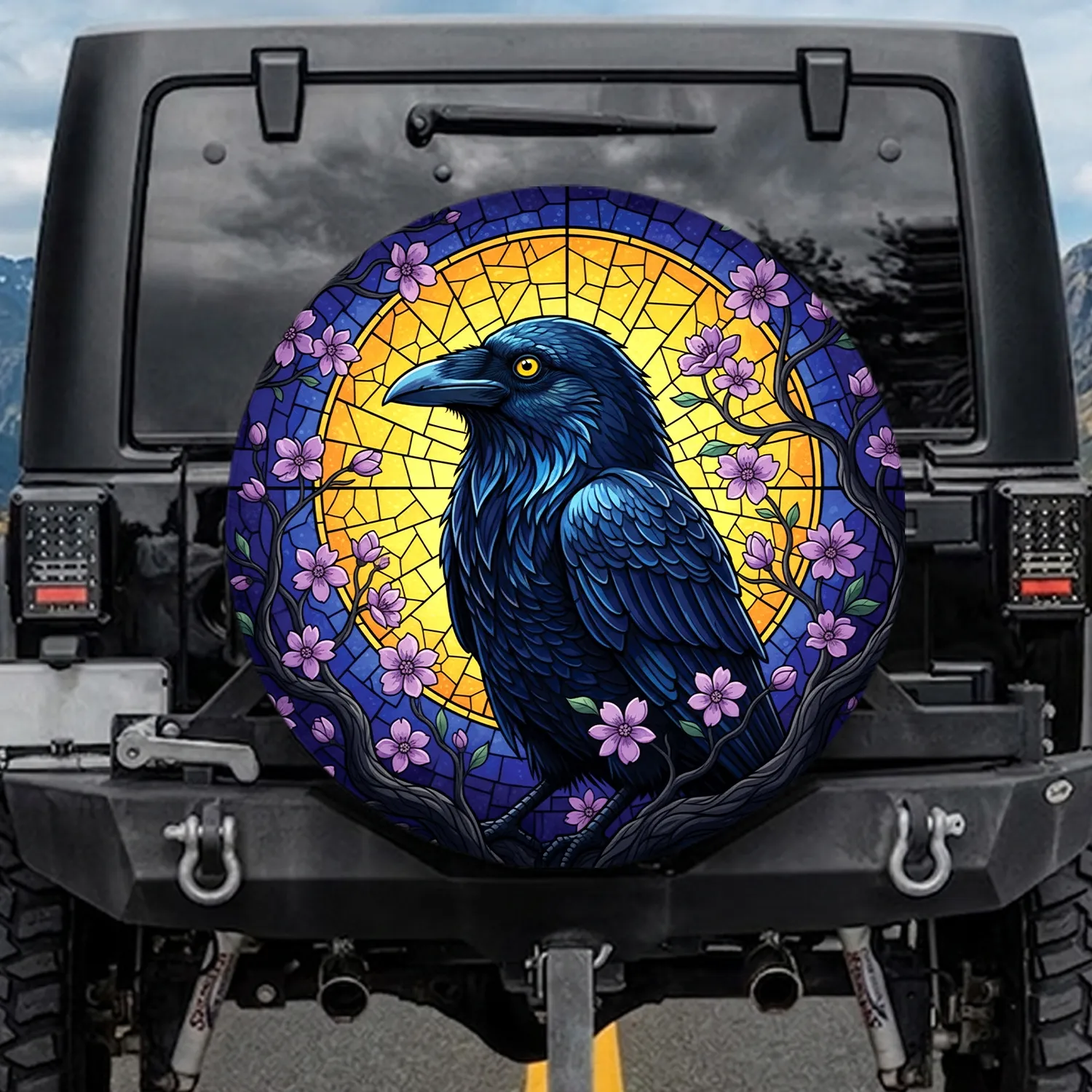 Dark Raven Glowing Eyes Moonlit Gnarled Branches Flowers Night Sky - Wildlife Lover Gift Spare Tire Cover - 1