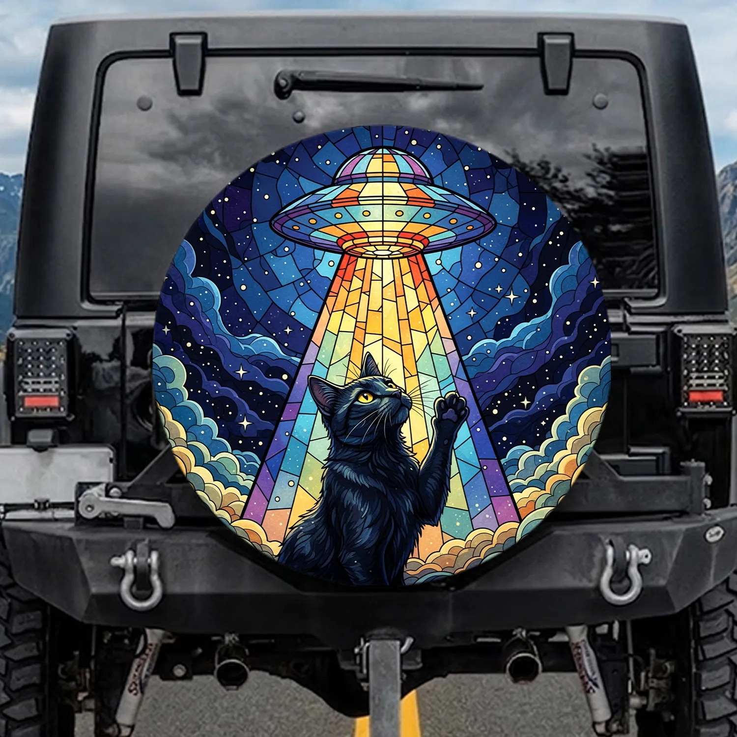 Stained Glass Black Cat UFO Abduction - Cosmic Cat Lover Gift Spare Tire Cover - 1